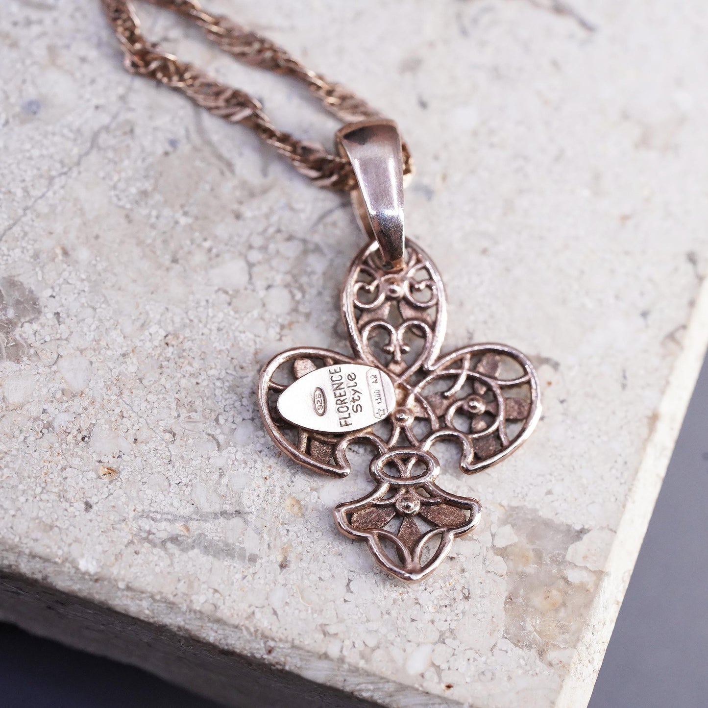 18" rose gold Sterling Silver Fleur de Lis Necklace 925 Floral Filigree pendant