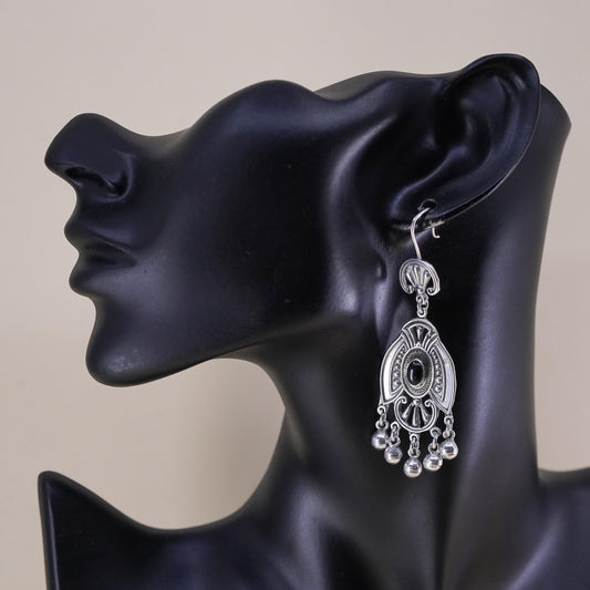 Vintage sterling 925 silver handmade earrings with onyx and bead dangles