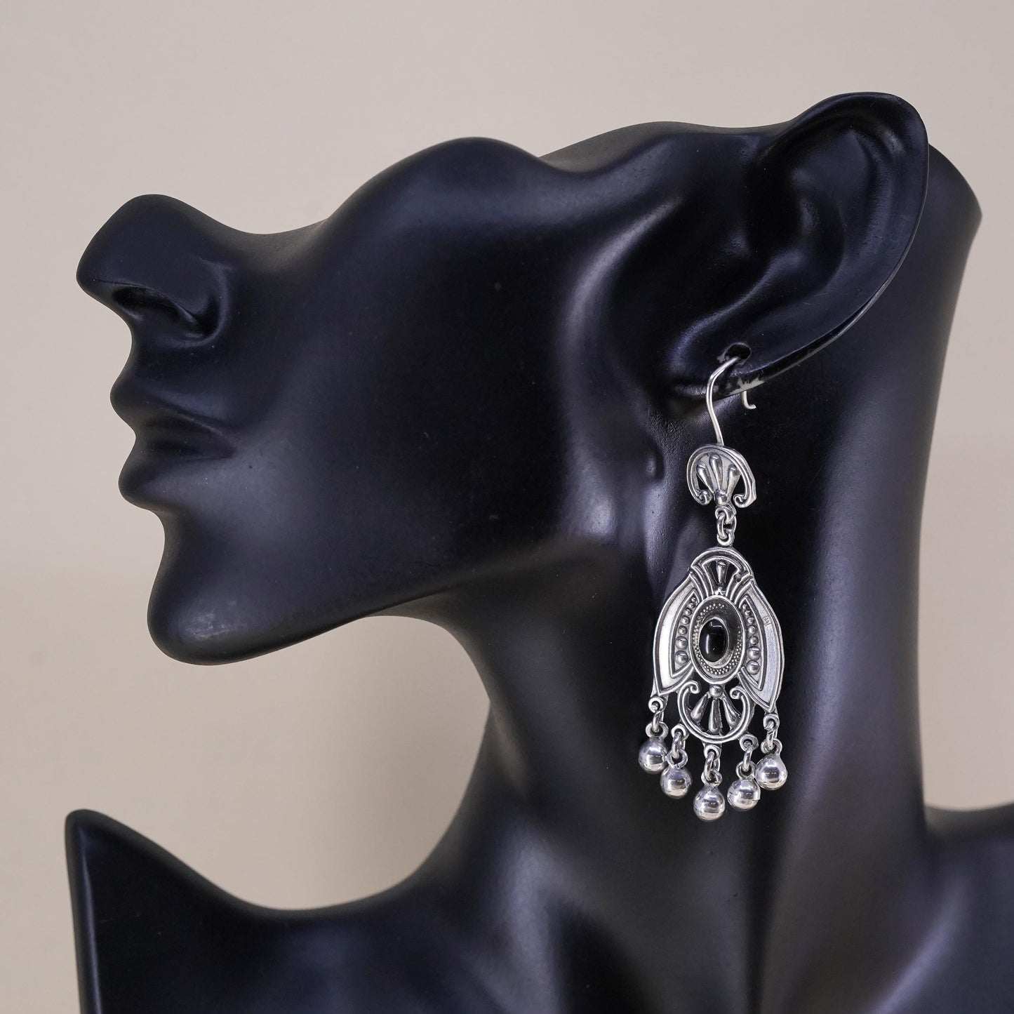 Vintage sterling 925 silver handmade earrings with onyx and bead dangles