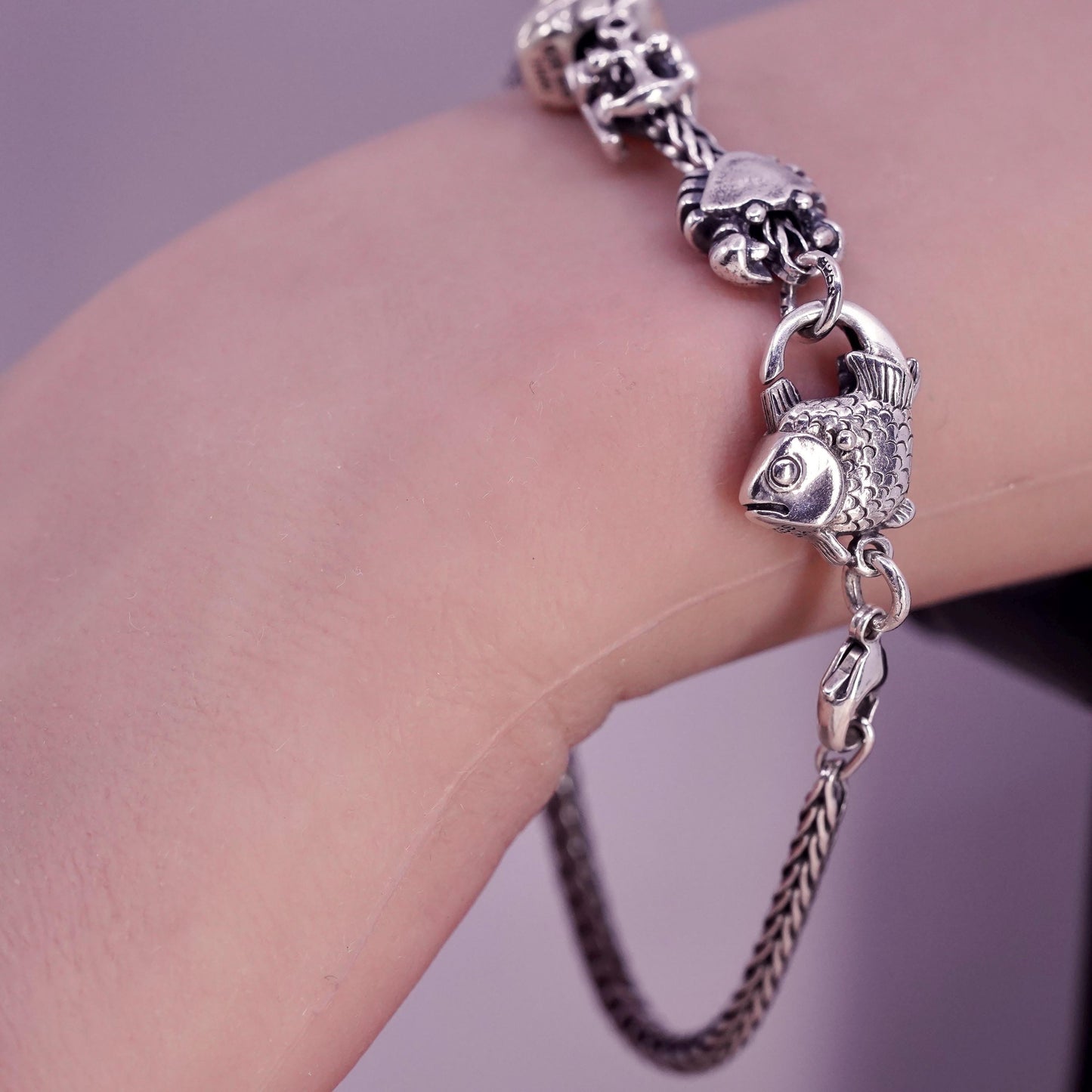 7.75", LAA Trollbeads Sterling Silver 925 wheat Bracelet heart crab leaf charms