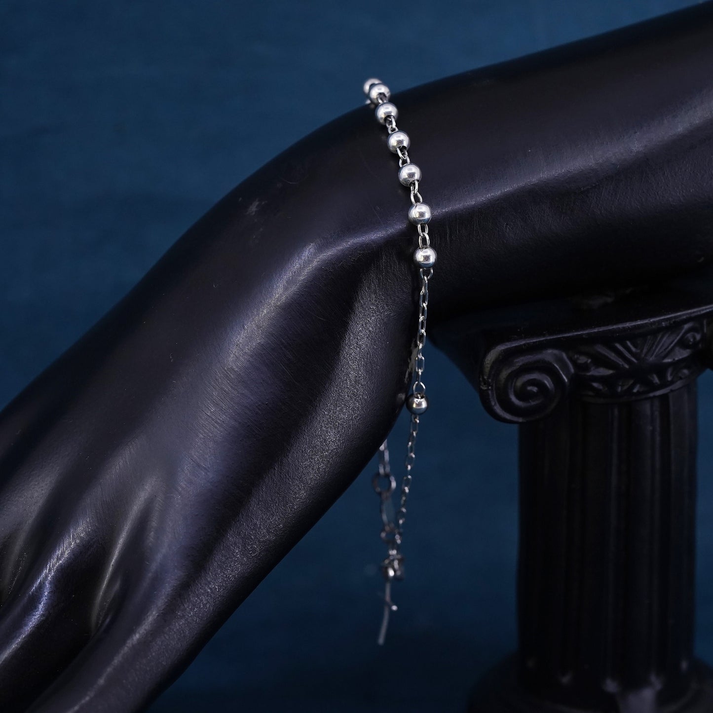 7.75", vintage Sterling silver handmade bracelet, 925 beads chain cross charm