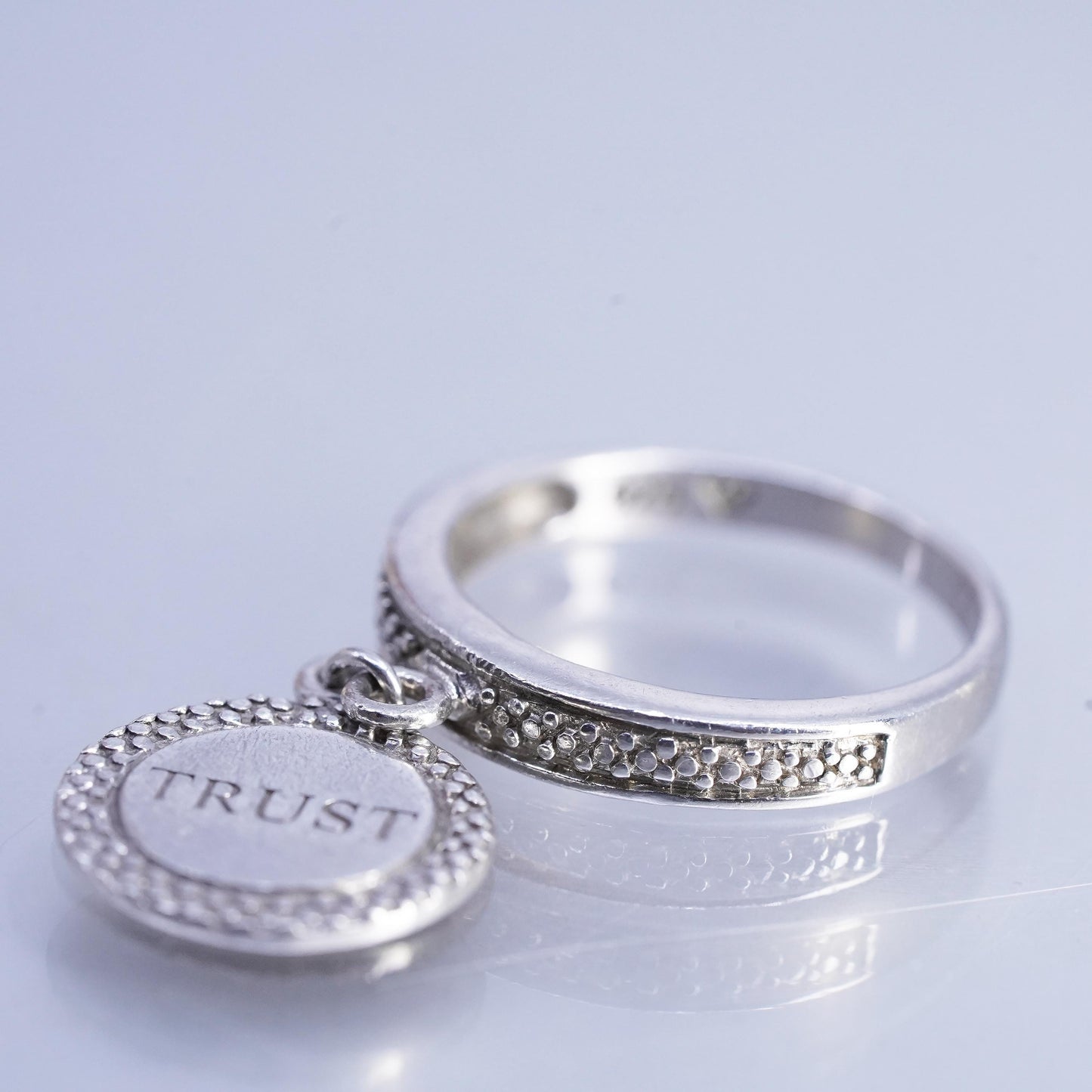 Size 7.25, Sterling 925 silver handmade ring tag charm embossed Trust diamond