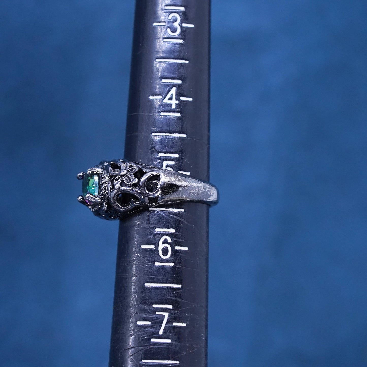Size 5, vintage oxidized sterling 925 silver handmade ring with rainbow topaz