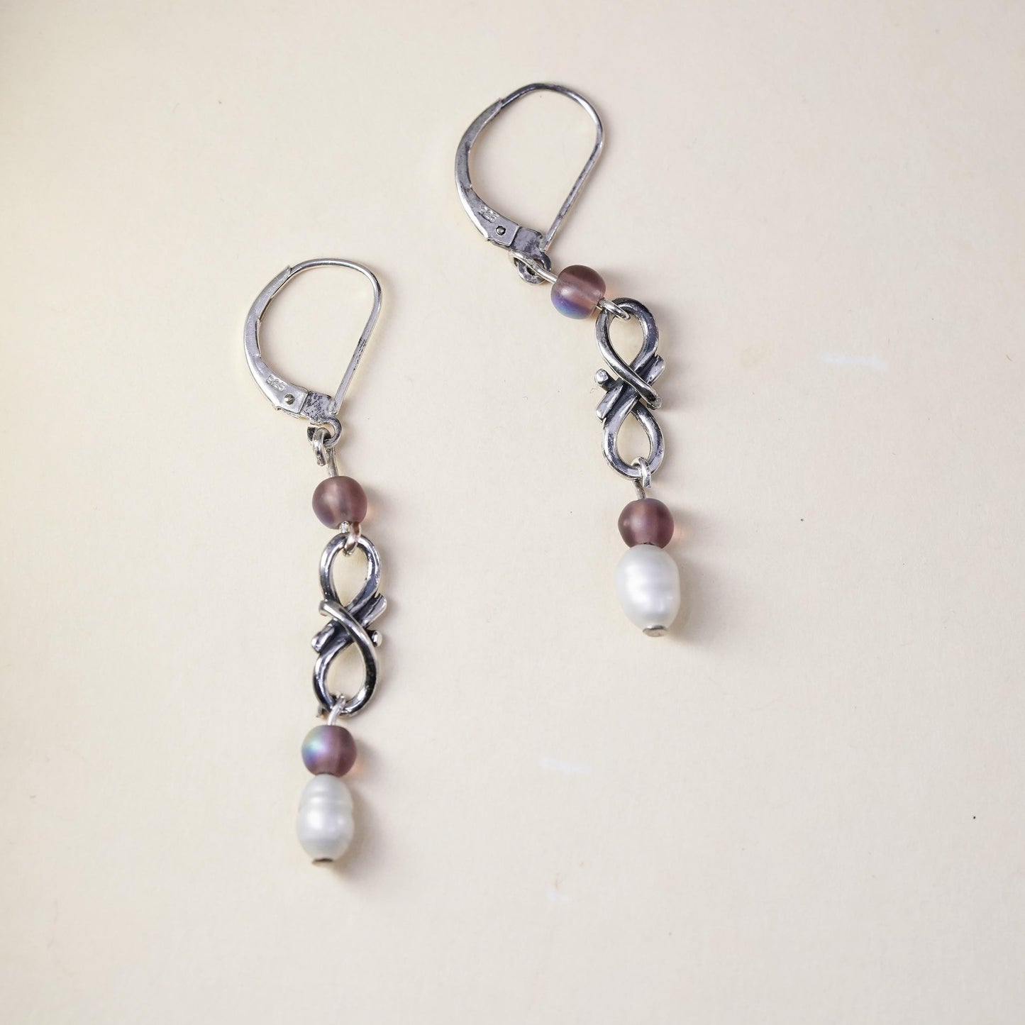 Vintage Sterling silver handmade earrings, 925 hooks with amethyst pearl