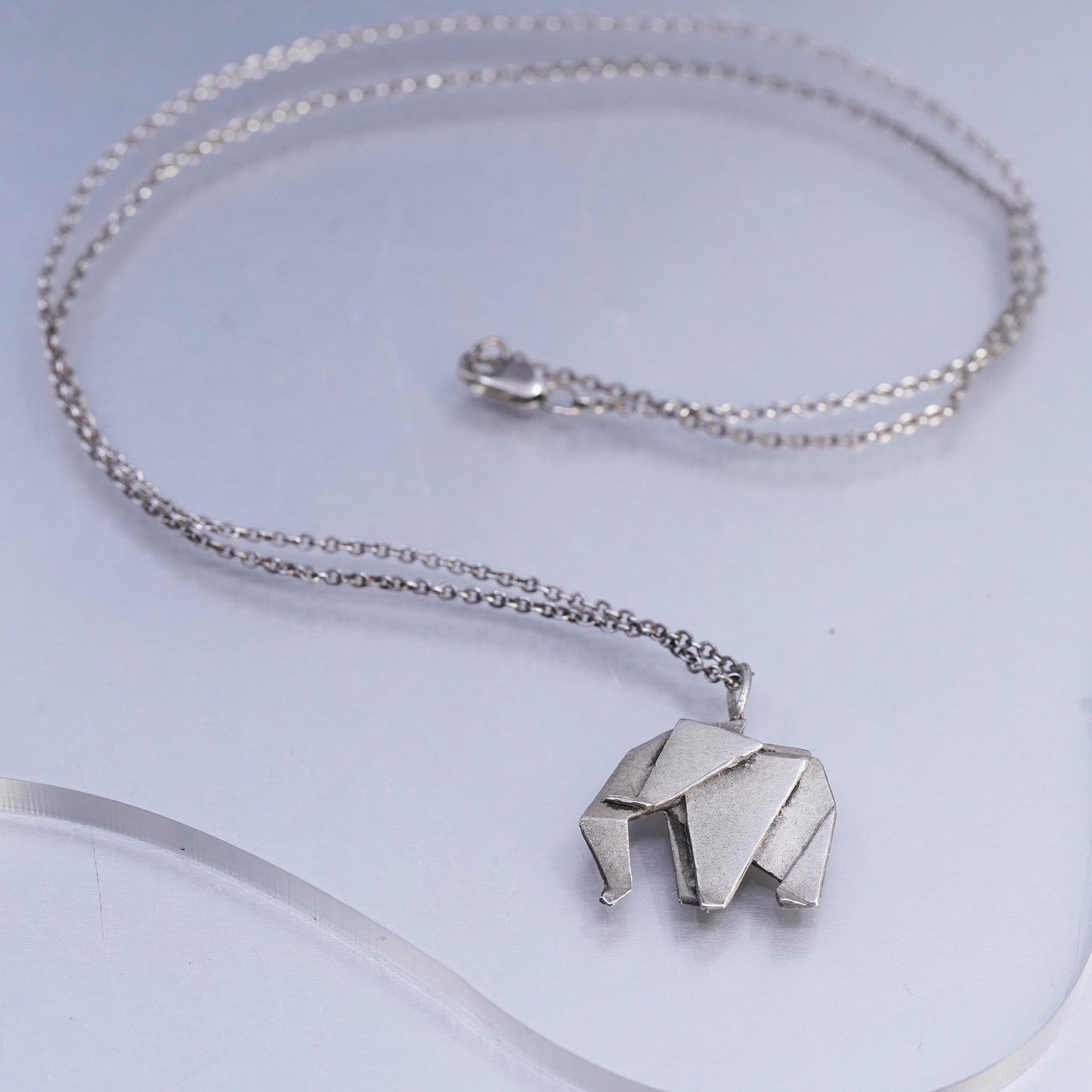 19", Vintage Sterling 925 silver circle necklace with origami elephant pendant
