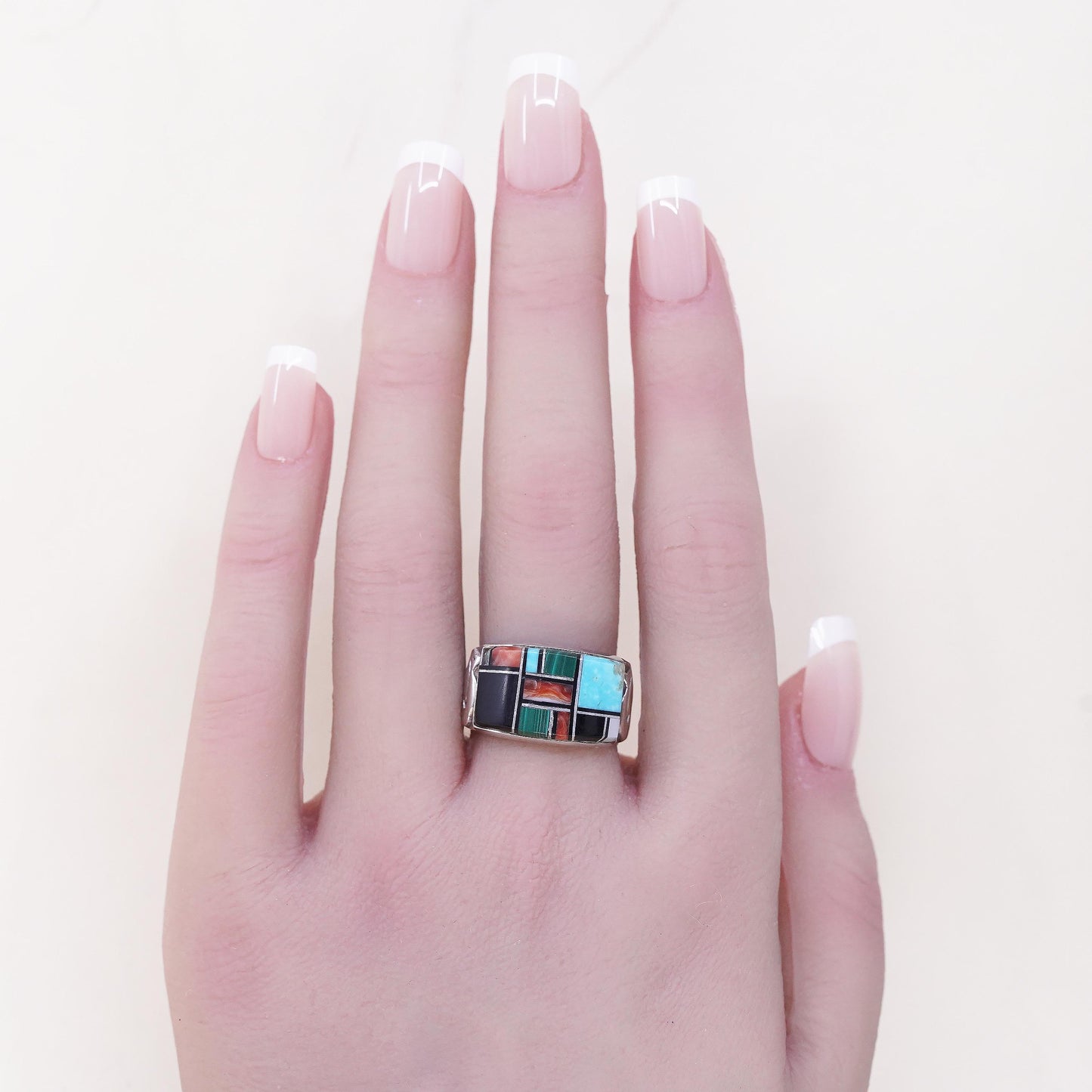 Size 8.25, Native American QT Sterling Silver Ring, Turquoise Coral Mosaic Band