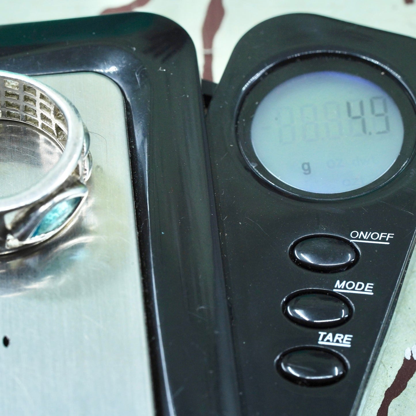Size 7.75, vintage sterling 925 silver handmade filigree band ring with topaz