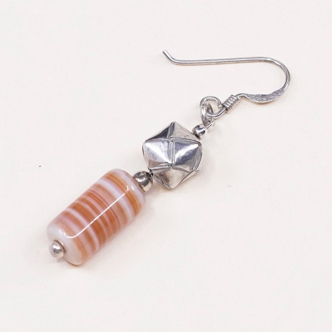 Sterling silver handmade earrings, solid 925 origami beads w/ orange lace agate
