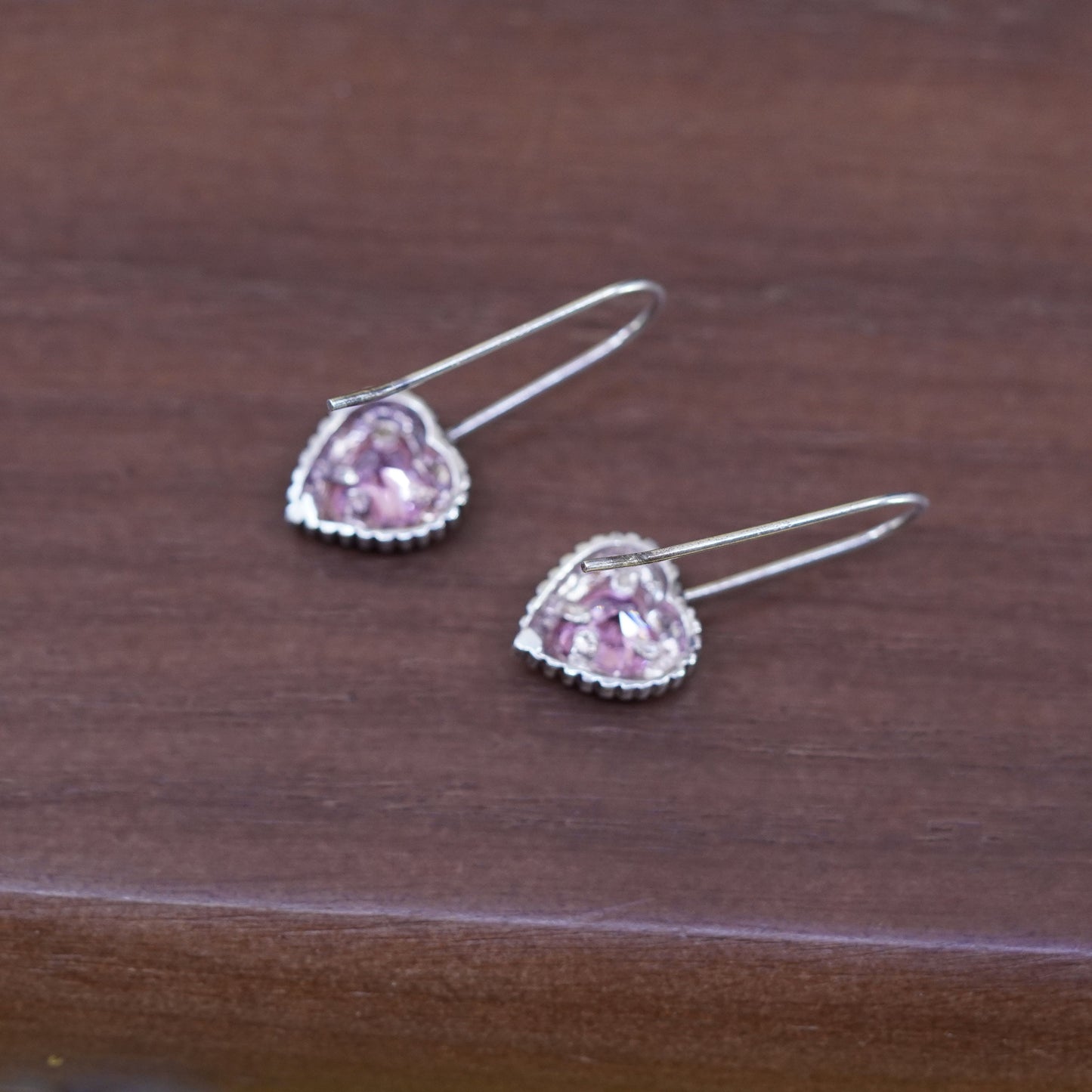 Vintage Sterling 925 silver handmade heart earrings with crystal and beads