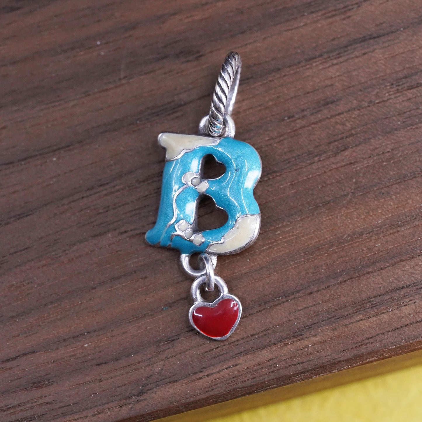 Vintage silver tone handmade charm, enamel letter B pendant