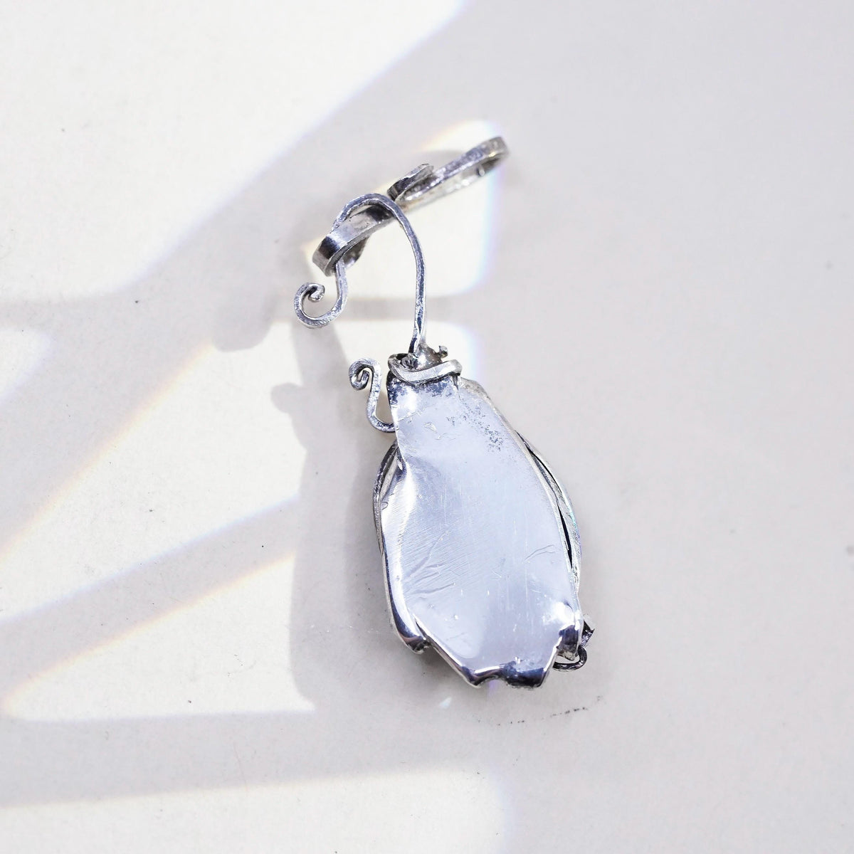 925 Sterling Silver Pendant, Artisan Scroll Charm, Oval Blue Cabochon Jewelry