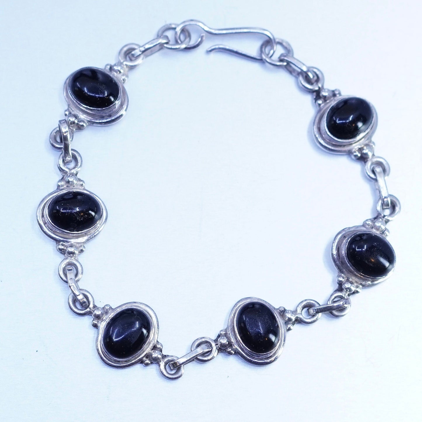 7”, Vintage mexico sterling 925 silver handmade bracelet with black onyx inlay