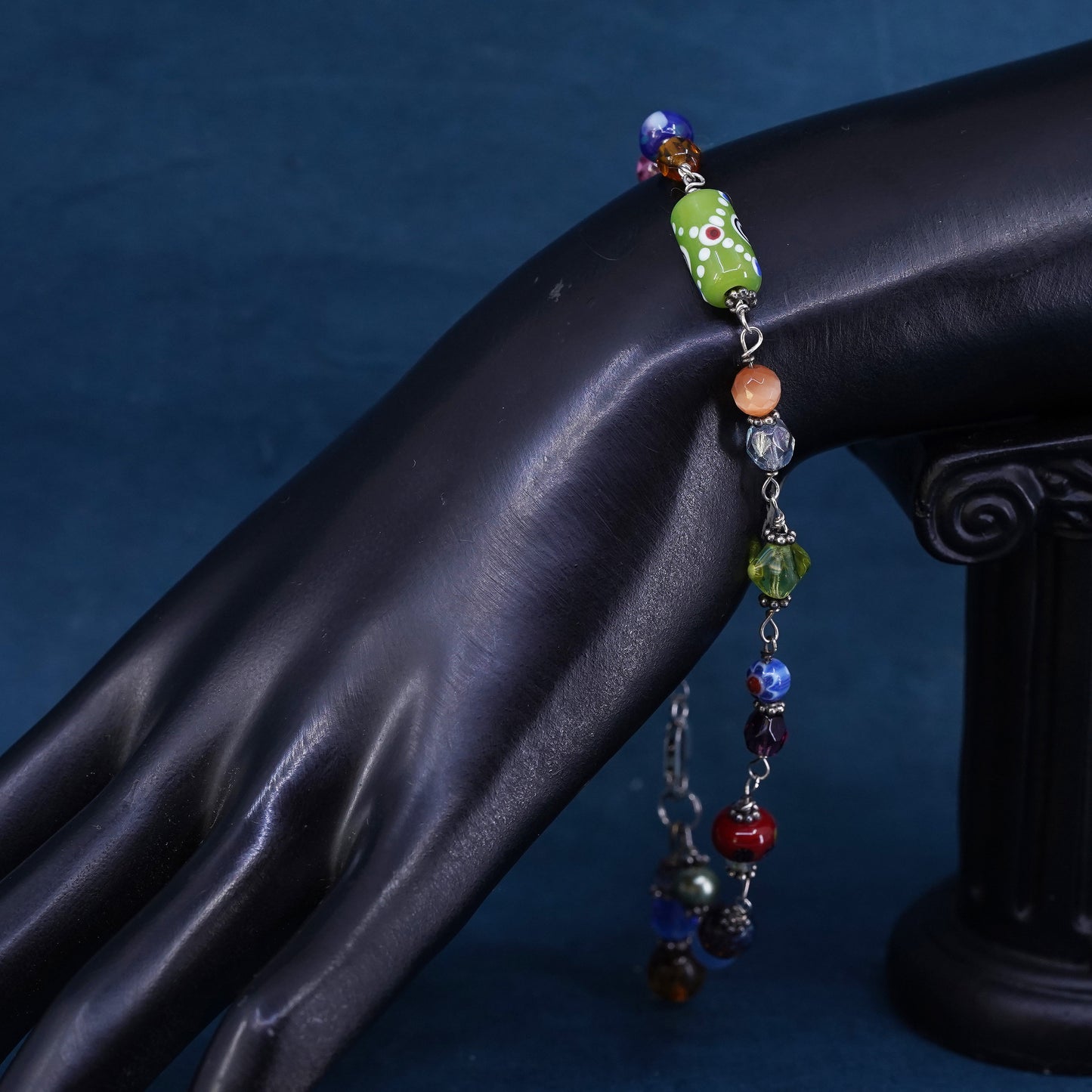 9.5", handmade brass bracelet, brass toggle closure with colorful glass beads