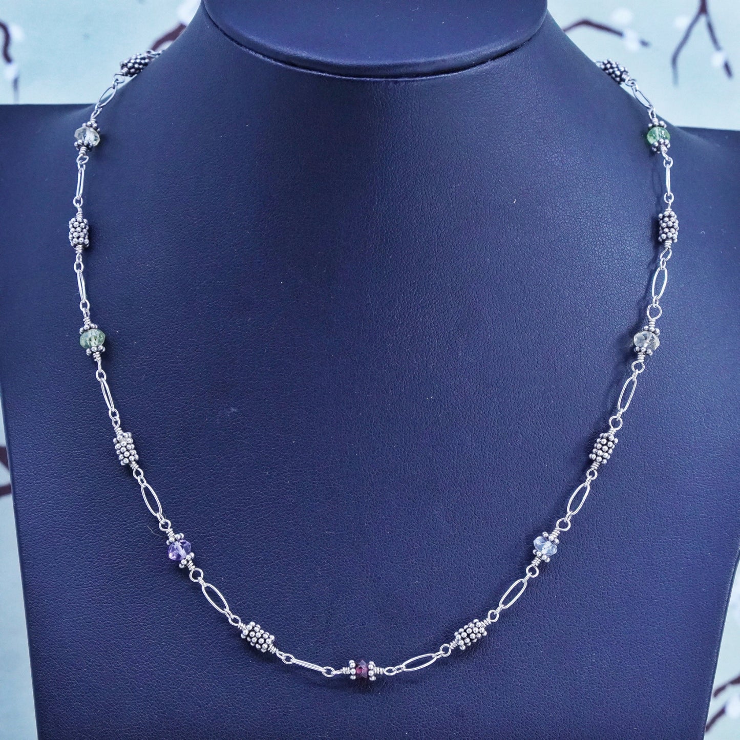17", Classic Rocks Sterling 925 silver bead necklace w/ peridot amethyst beads