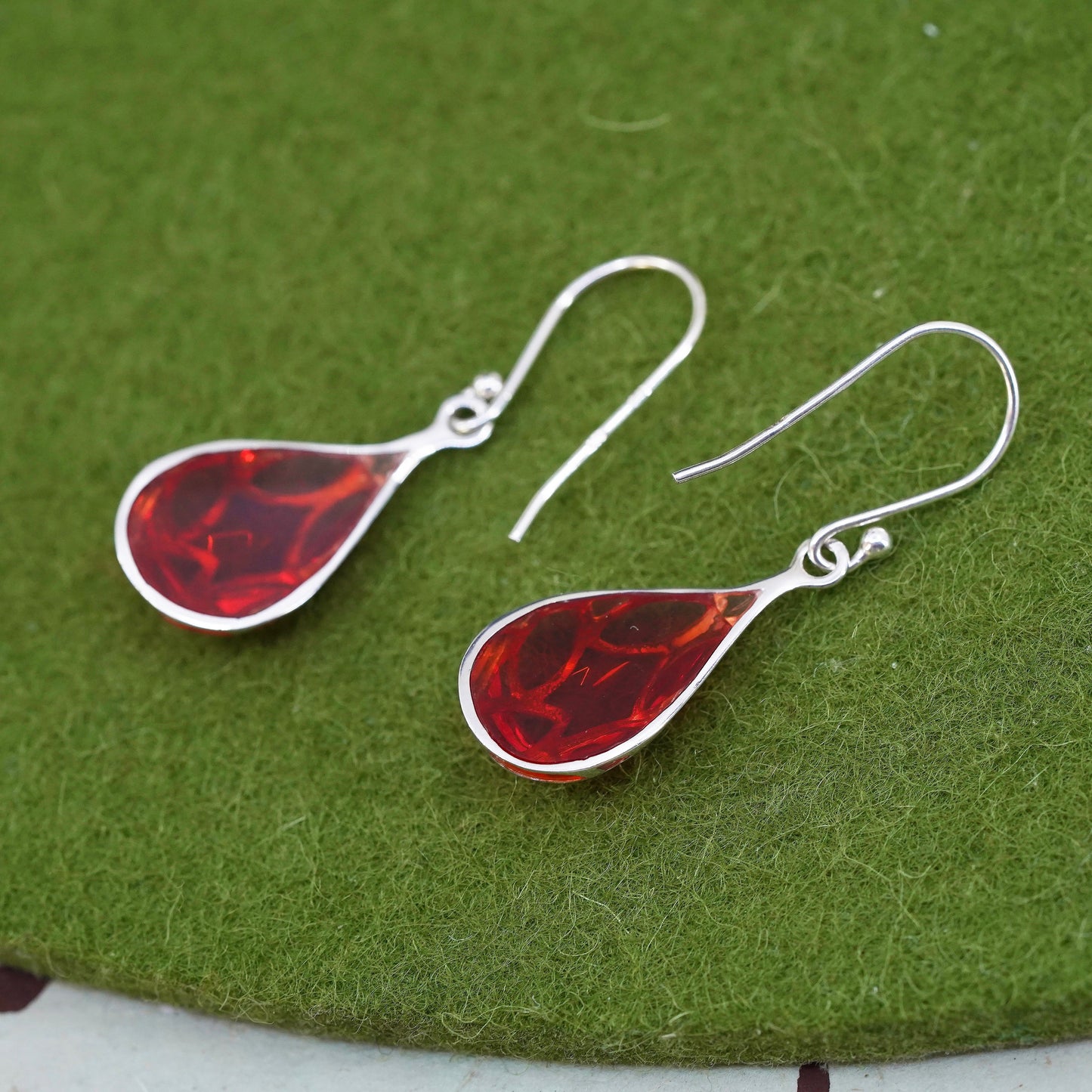 Vintage sterling 925 silver handmade teardrop earrings with red resin inlay