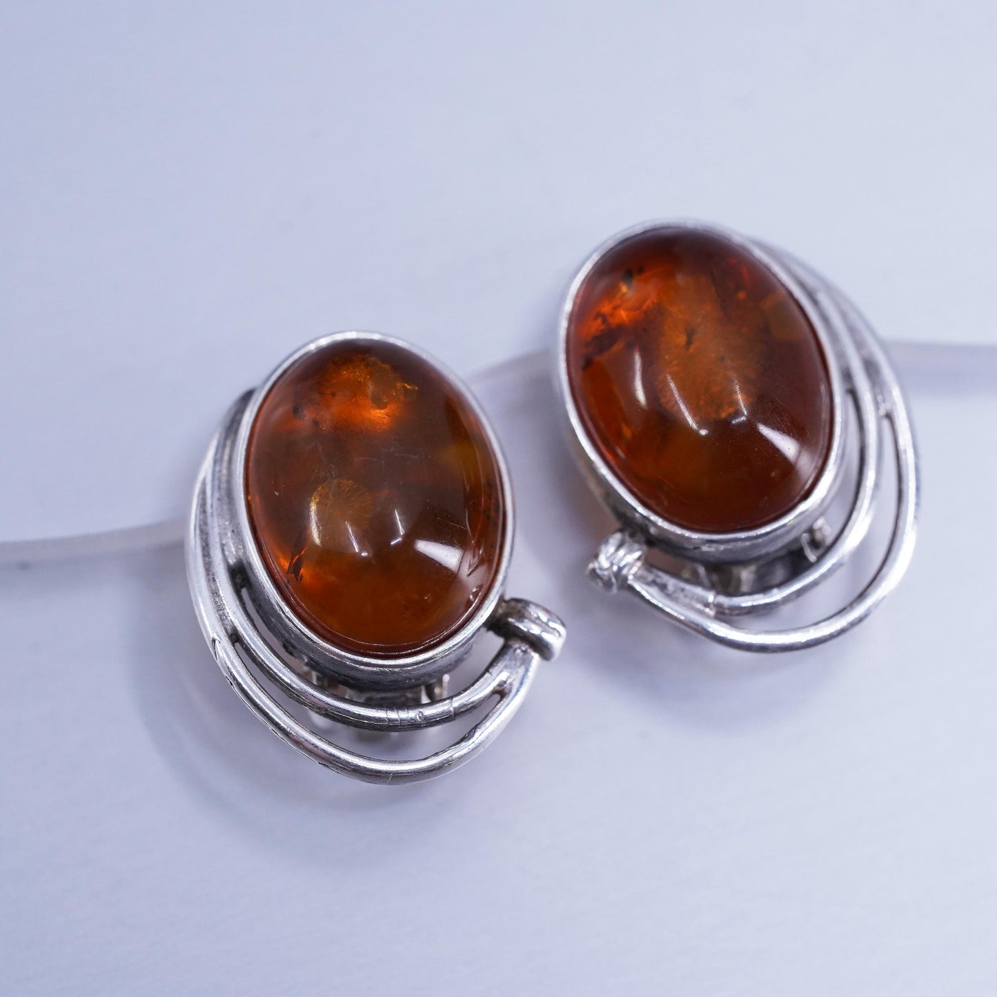 Vintage Sterling 925 silver handmade earrings, oval clip on with amber