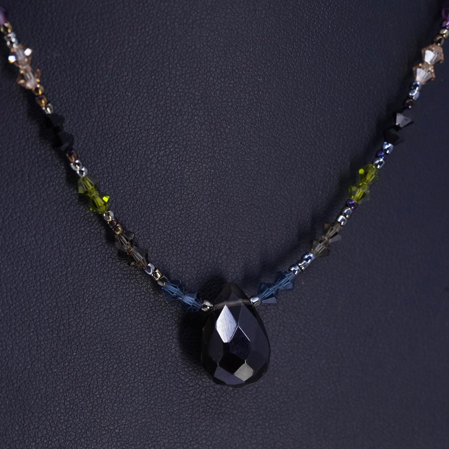 16”, Sterling 925 silver necklace crystal beads teardrop smoky quartz pendant