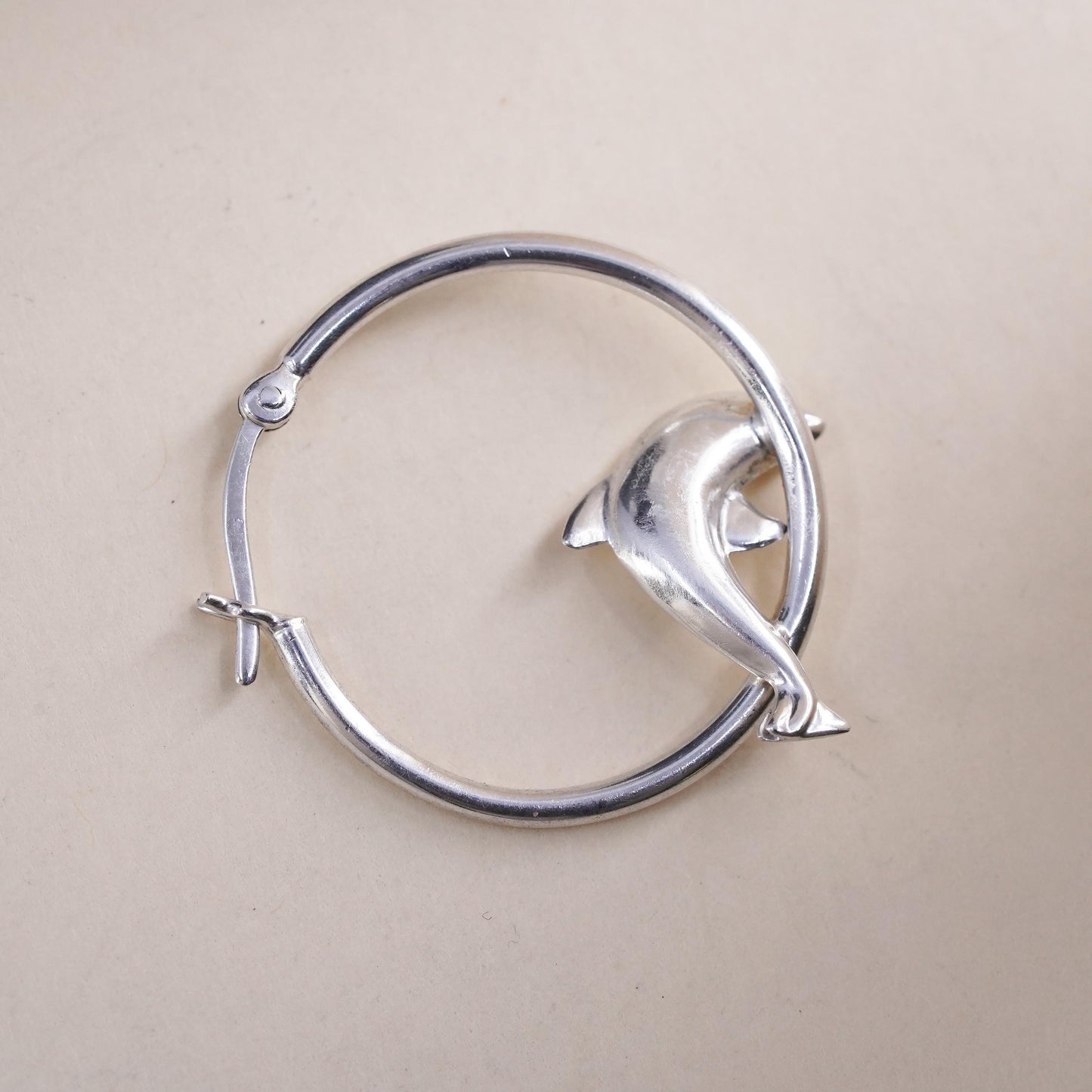 1”, Vintage Sterling silver handmade single 1 earring, 925 dolphin 925 hoops