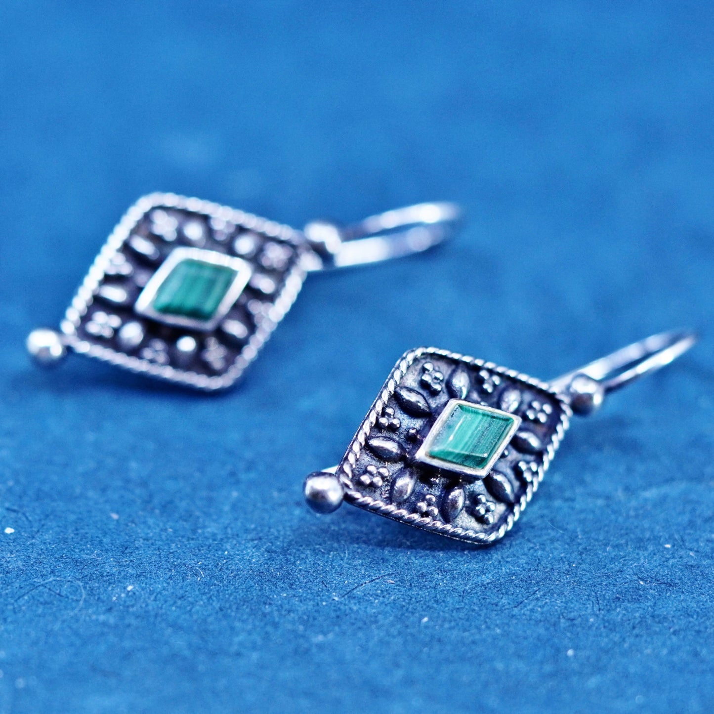 Vintage Boma Sterling 925 silver handmade beaded earrings with malachite