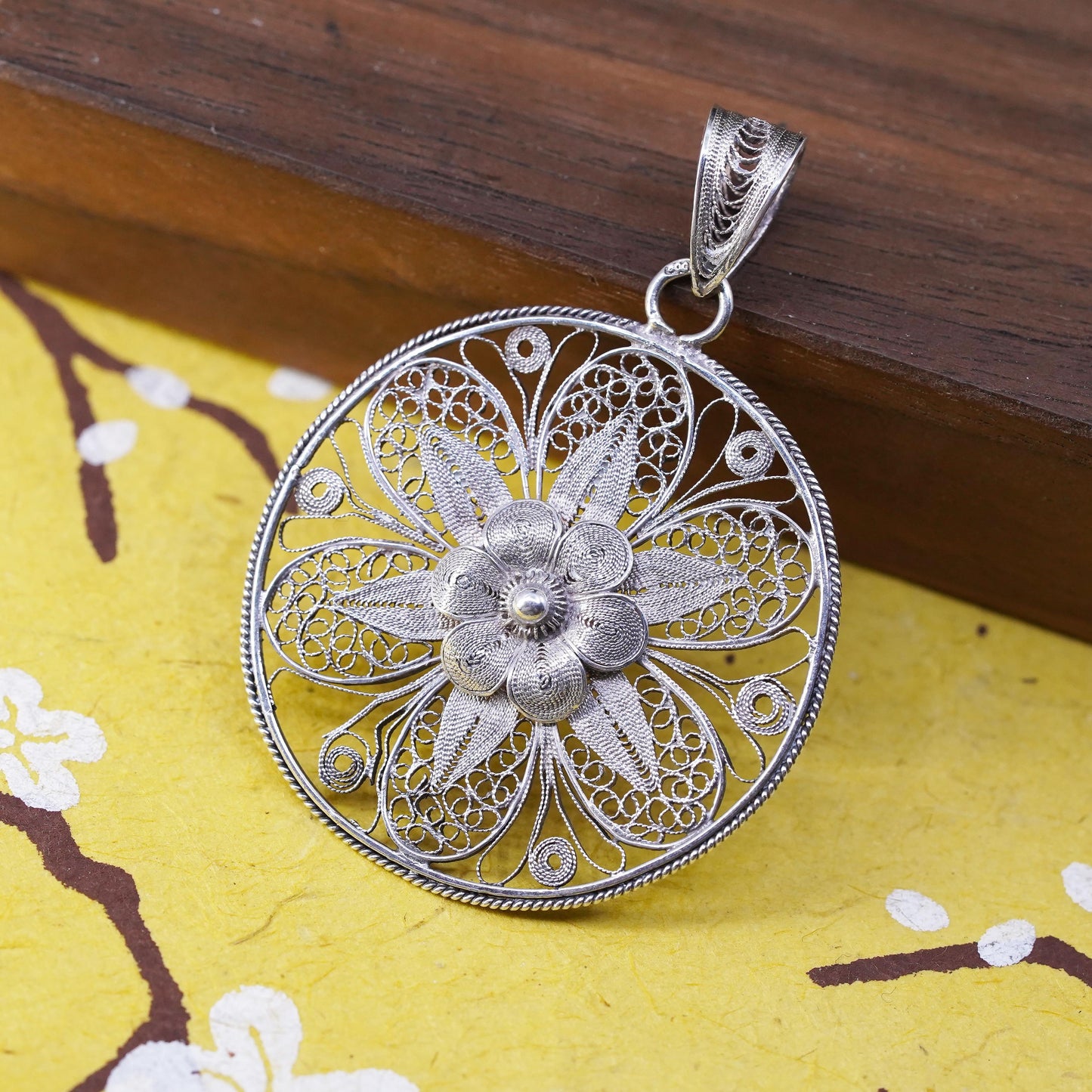 Vintage Sterling silver handmade pendant, 925 filigree flower, silver tested