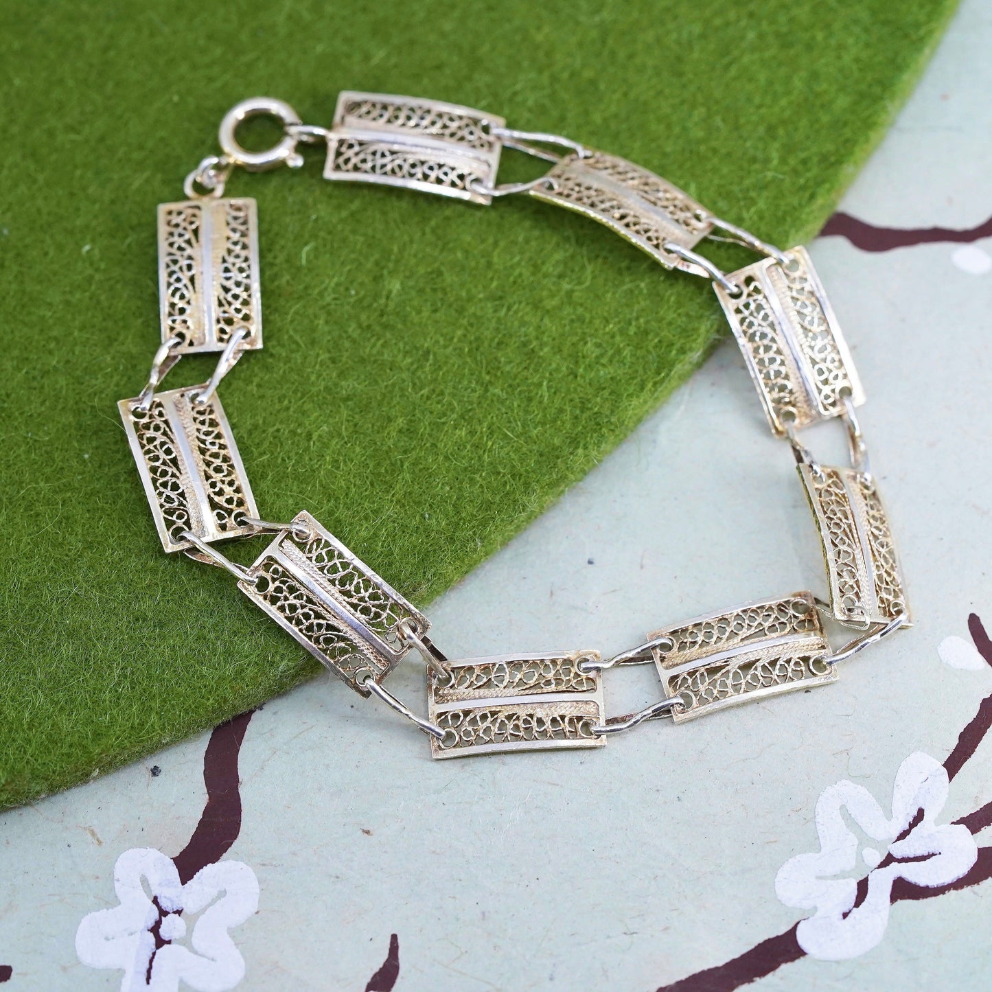8", Italian sterling silver handmade bracelet, filigree rectangular chain