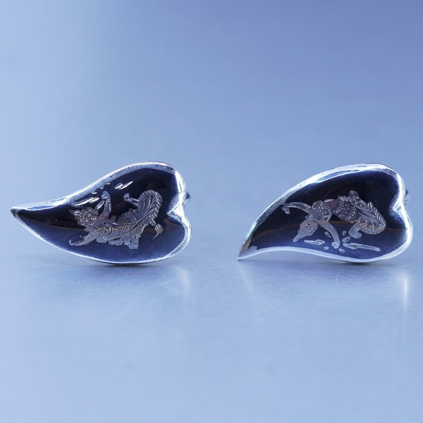 Vintage Siam sterling silver clip on earrings, 925 teardrop earrings, niello