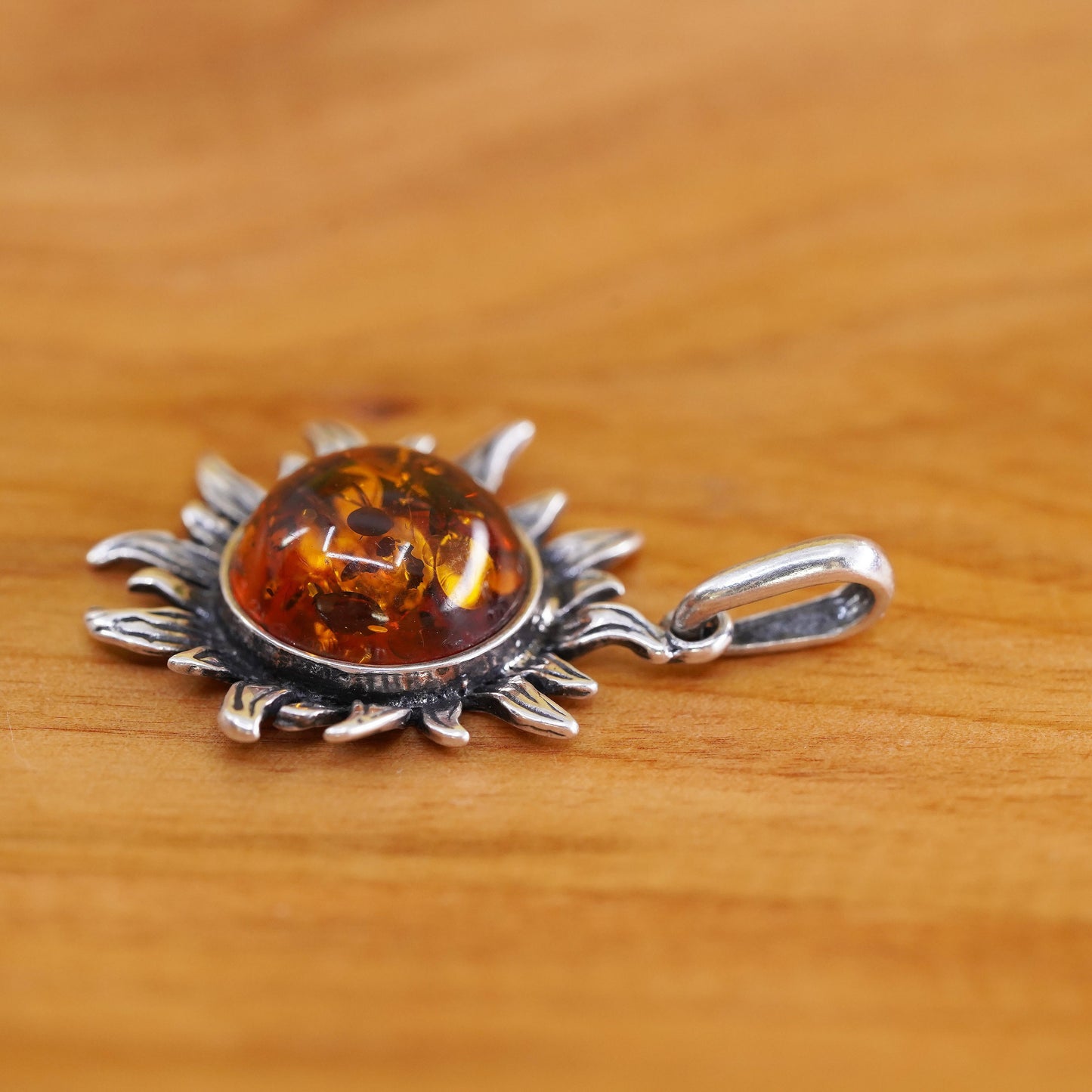 Vintage Sterling 925 silver handmade Sun pendant with Amber