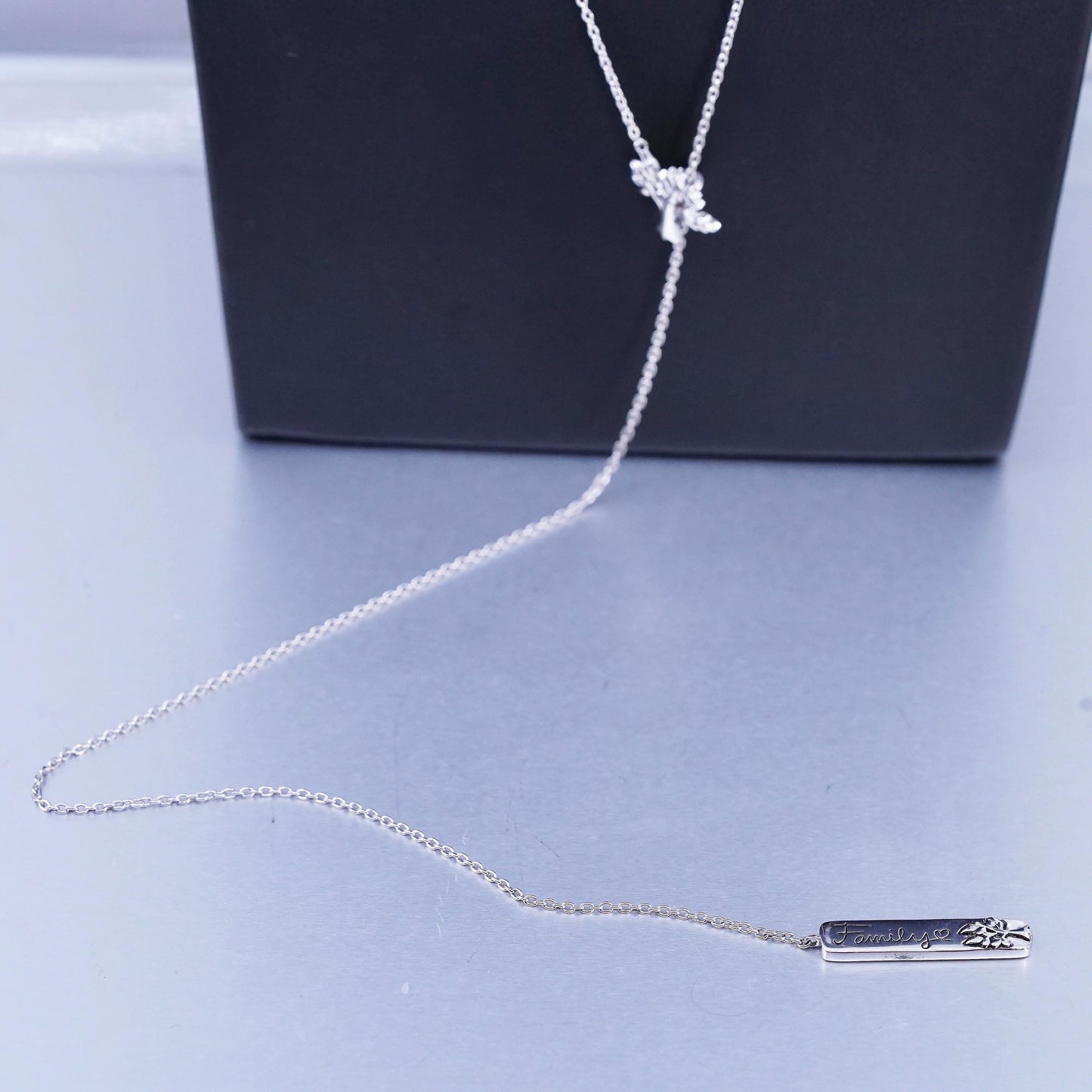 32" Sterling 925 silver extra long circle necklace w/ tree tag embossed family