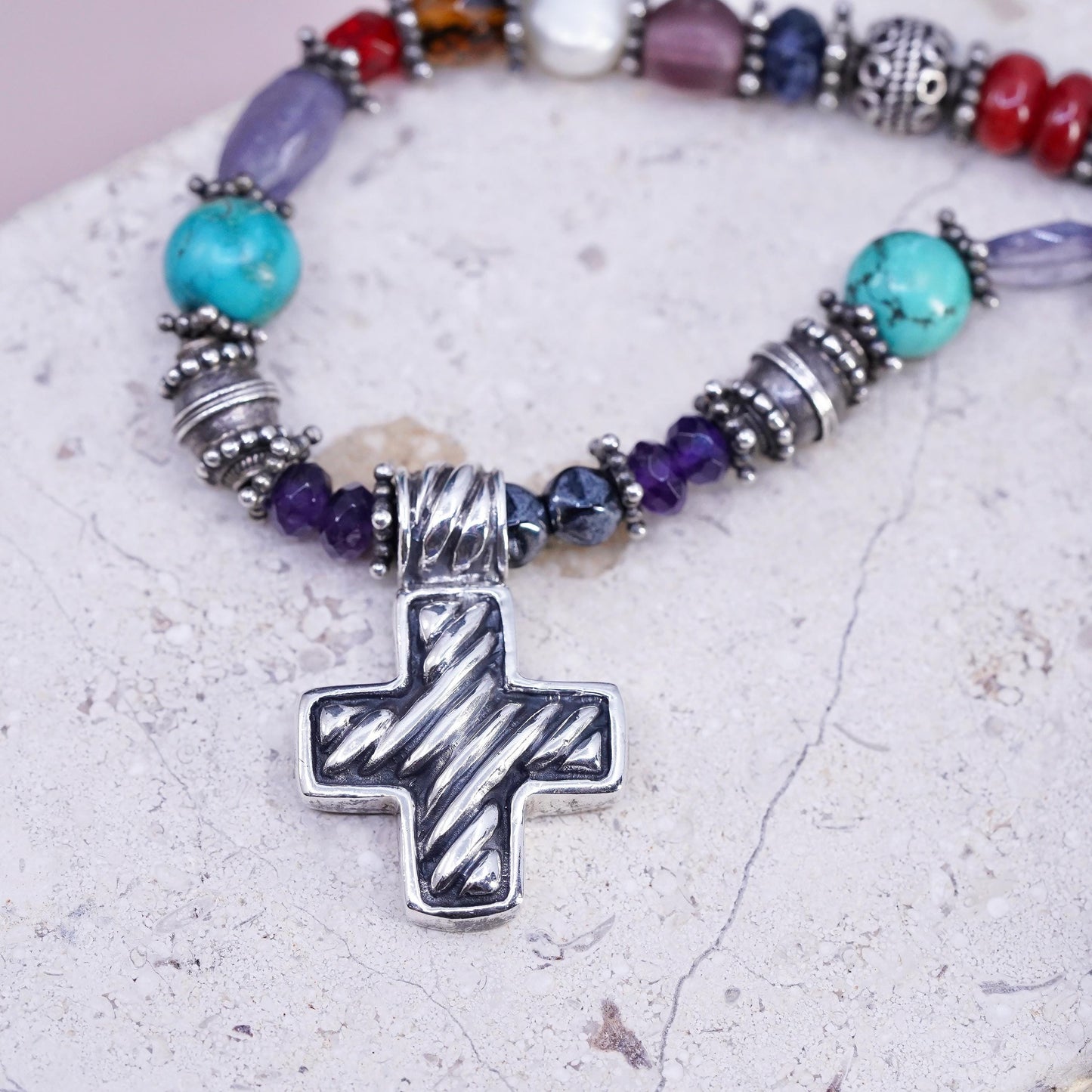 16", Sterling 925 silver Native American Navajo turquoise coral necklace cross