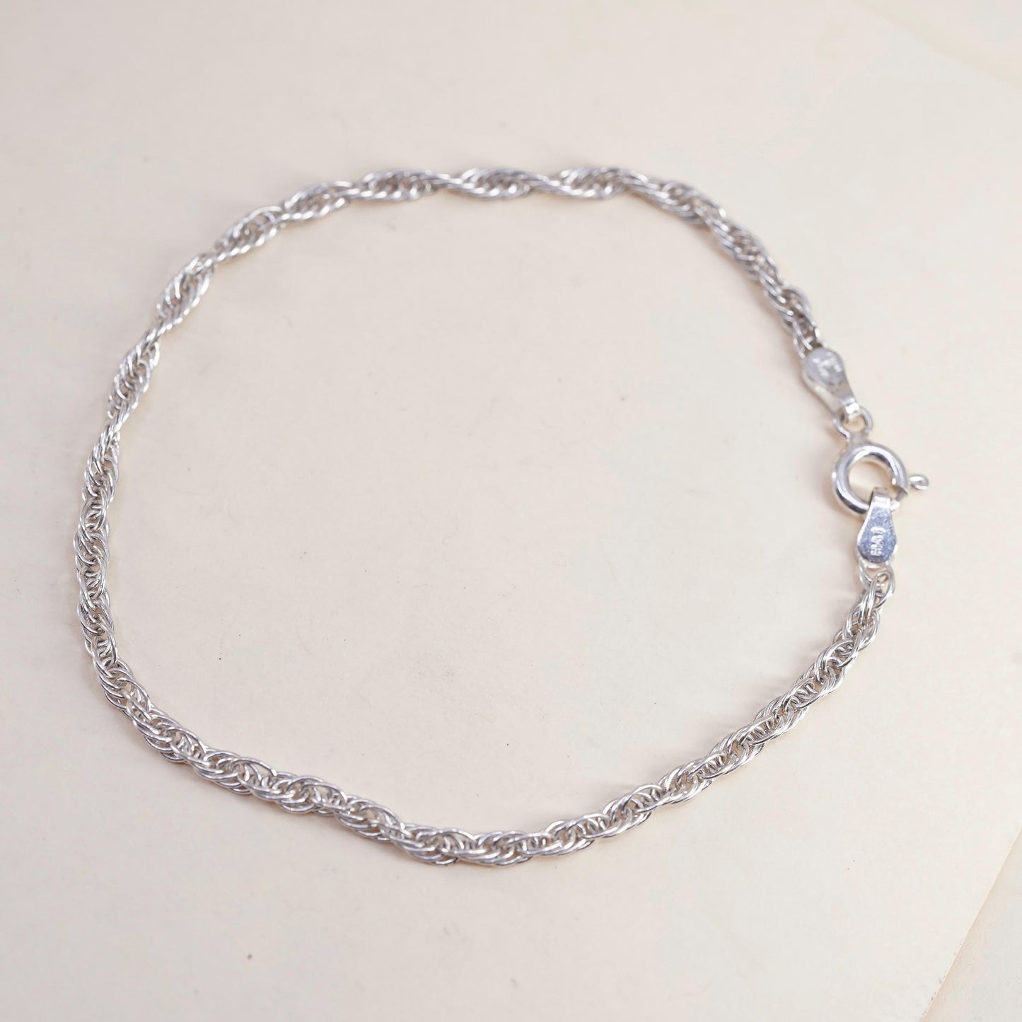 7" 3mm, Vintage Italian sterling 925 silver Singapore rope chain bracelet