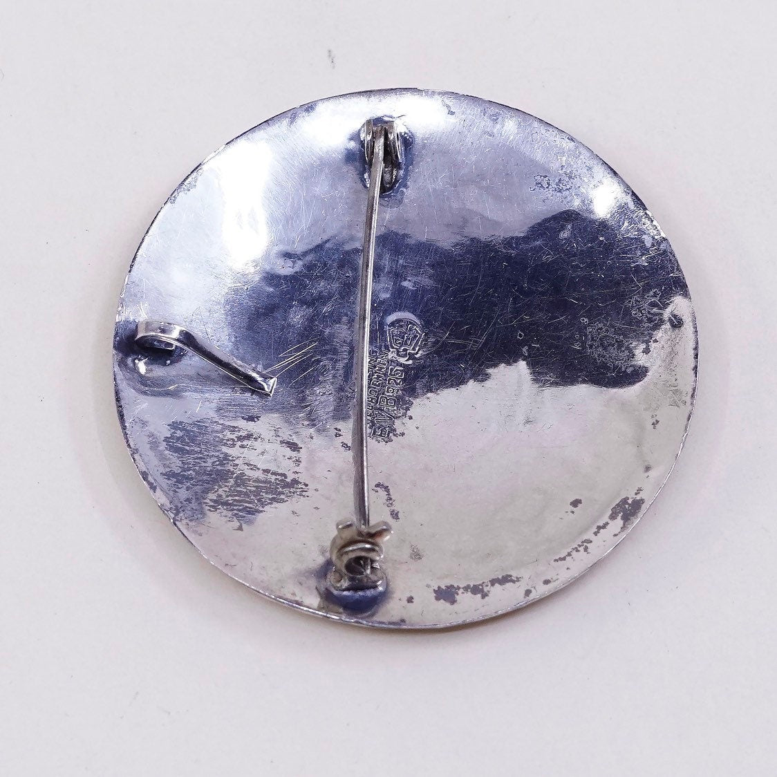 Vintage EVB sterling silver handmade brooch, solid 925 silver mayan calendar pendant, stamped 925 handmade