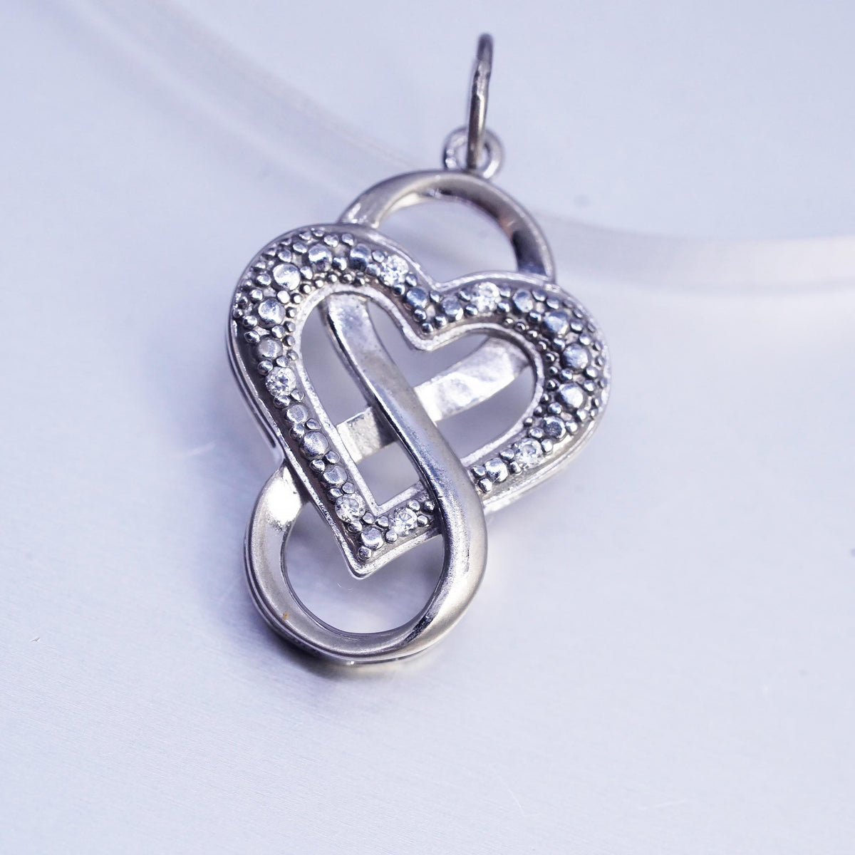 Vintage Sterling Silver Diamond Heart Infinity Pendant, 925 Love Knot Eternity