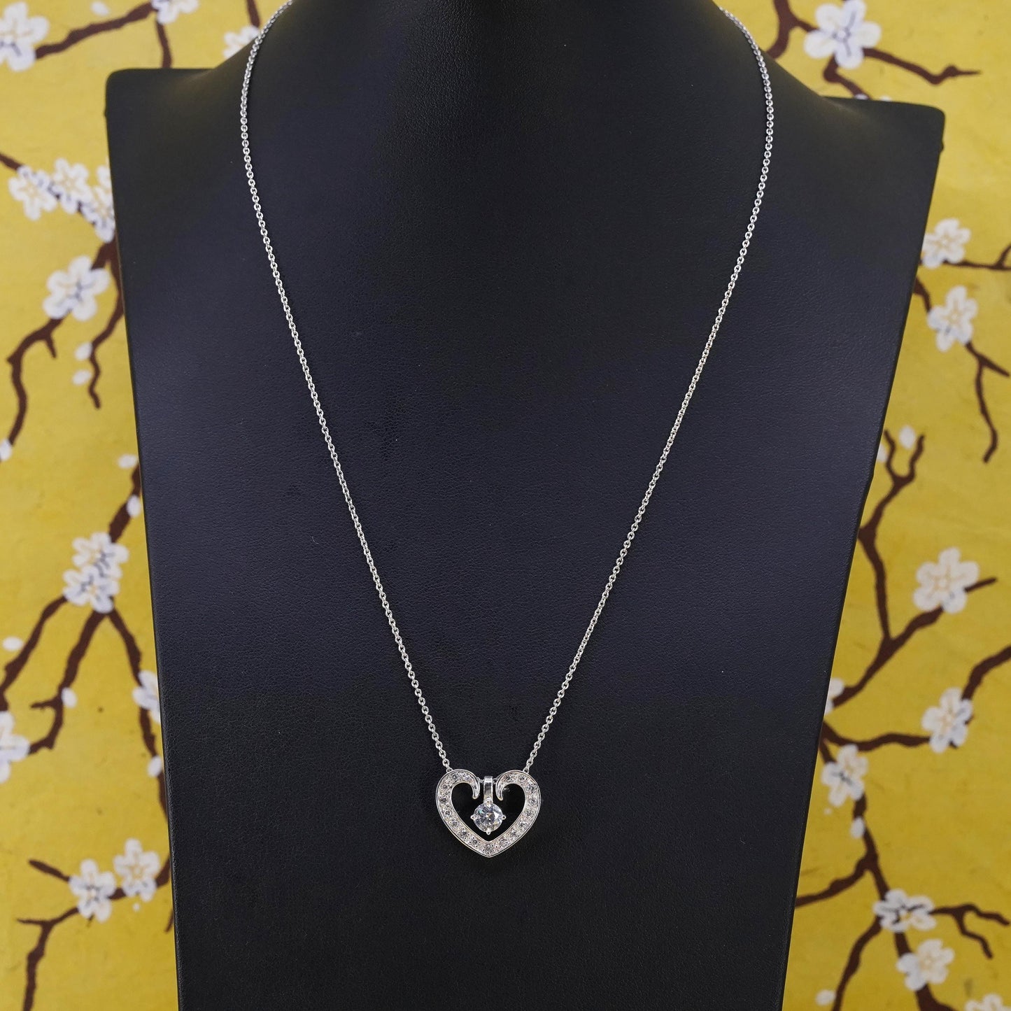 16+2", vintage Sterling silver necklace, 925 circle chain cluster heart pendant