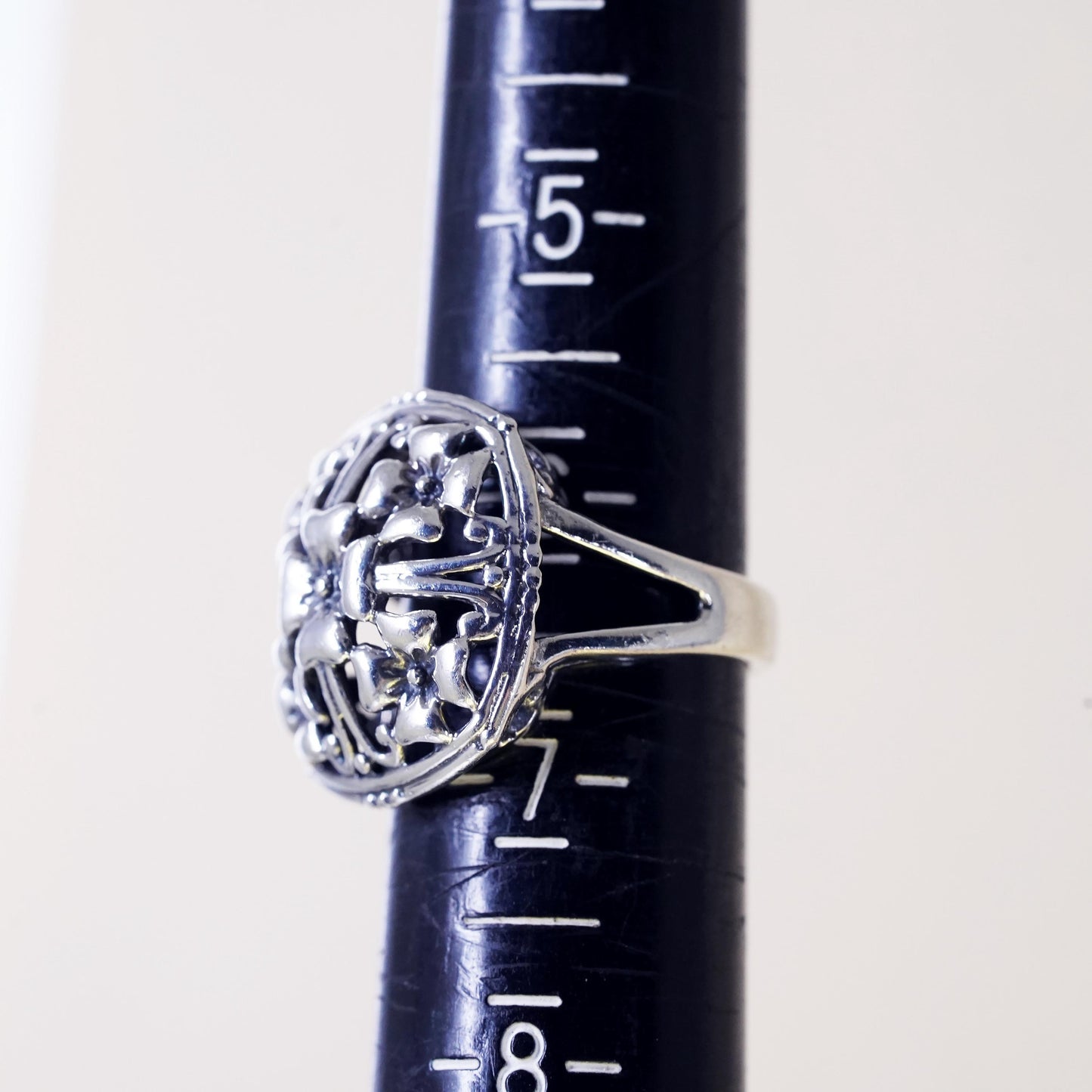 Size 6.25, vintage Sterling silver handmade ring, 925 filigree flower band