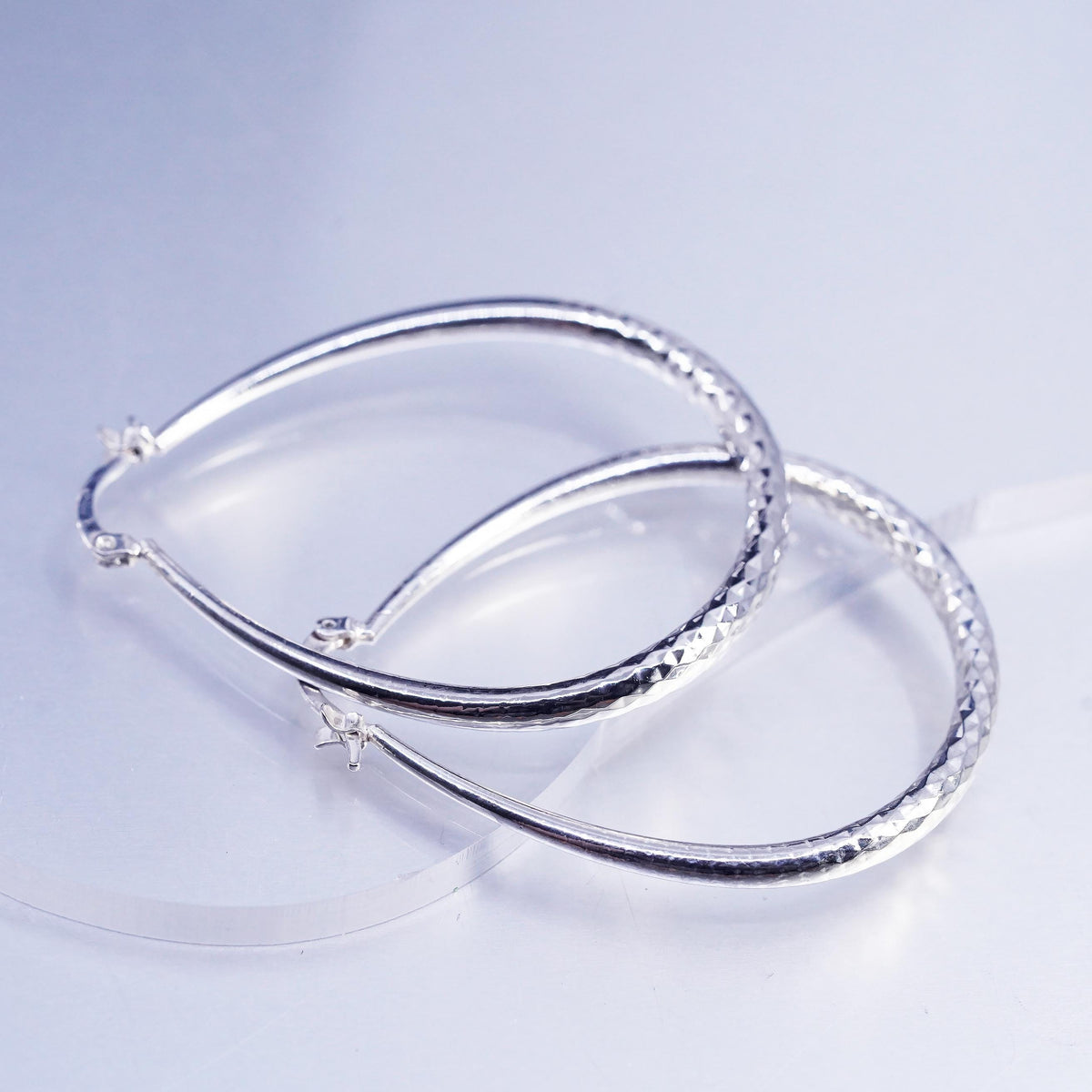 2", vintage Sterling silver handmade earrings, textured oval 925 hoops