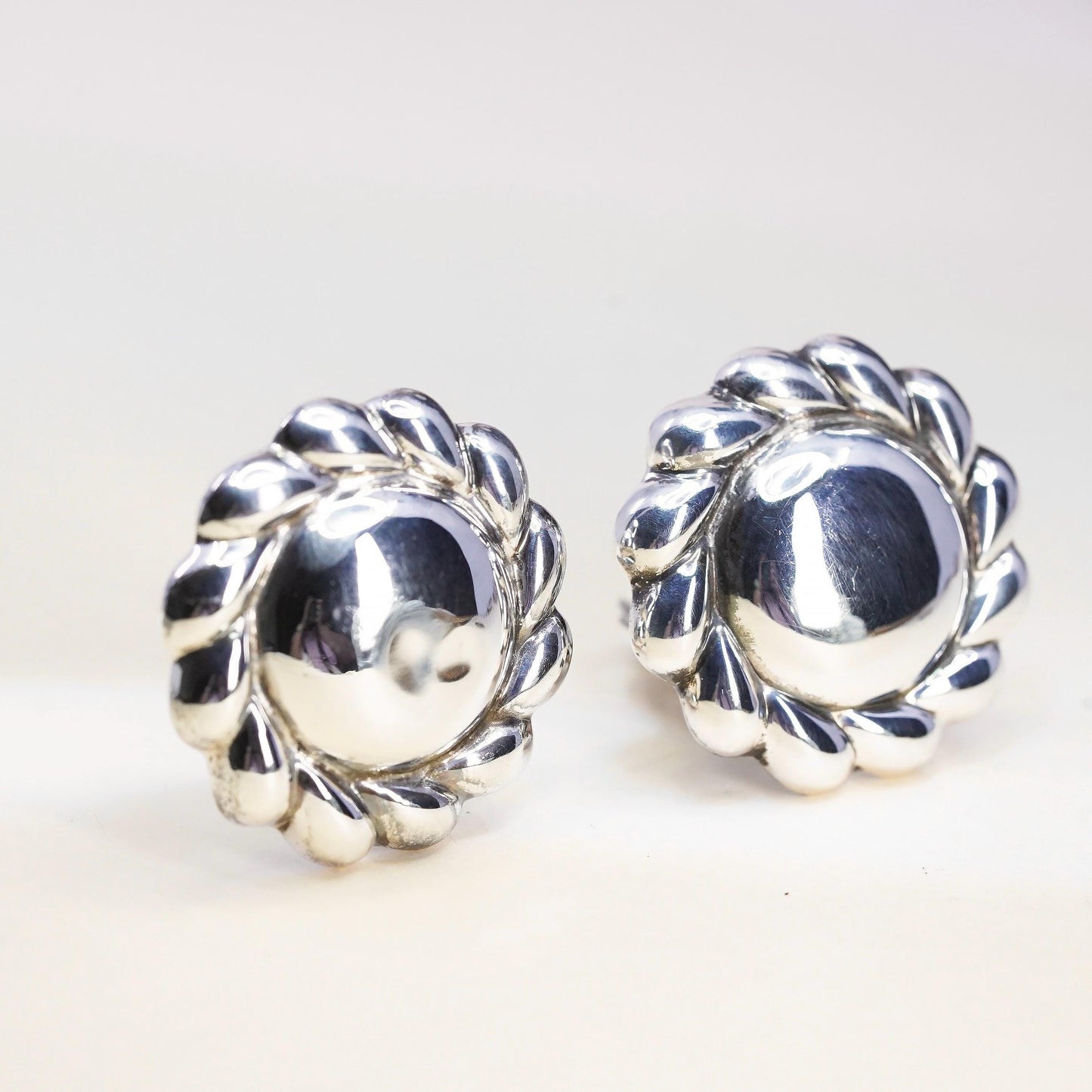 vintage Modern handmade Sterling clip on, 925 round puffy floral earrings