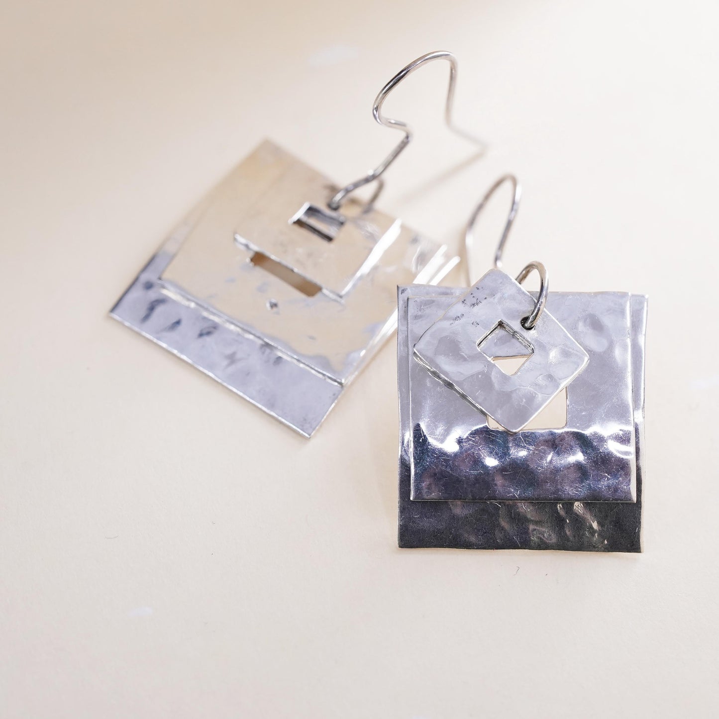 Vintage Sterling 925 Silver Hammered square disc Earrings