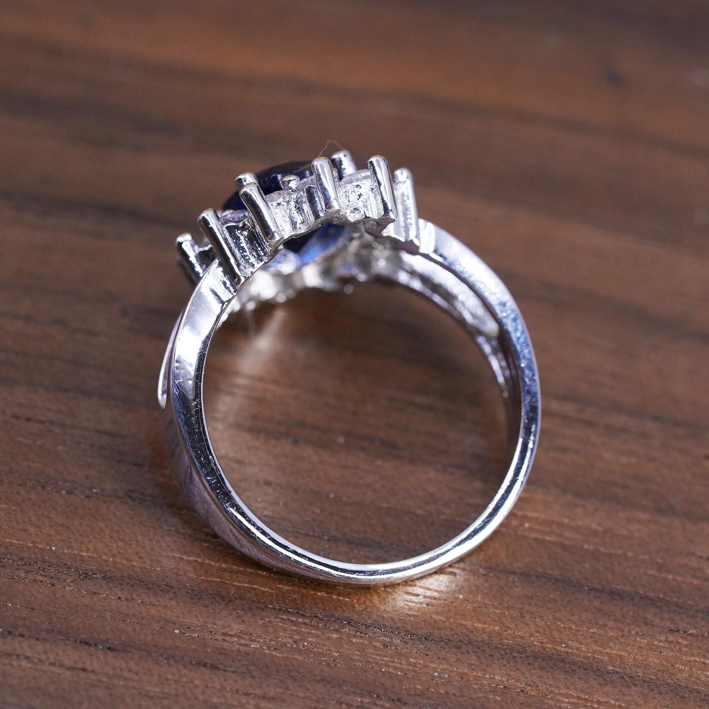 Size 7, Vintage Sterling Silver 925 Blue Sapphire Halo Ring, Oval CZ Cluster