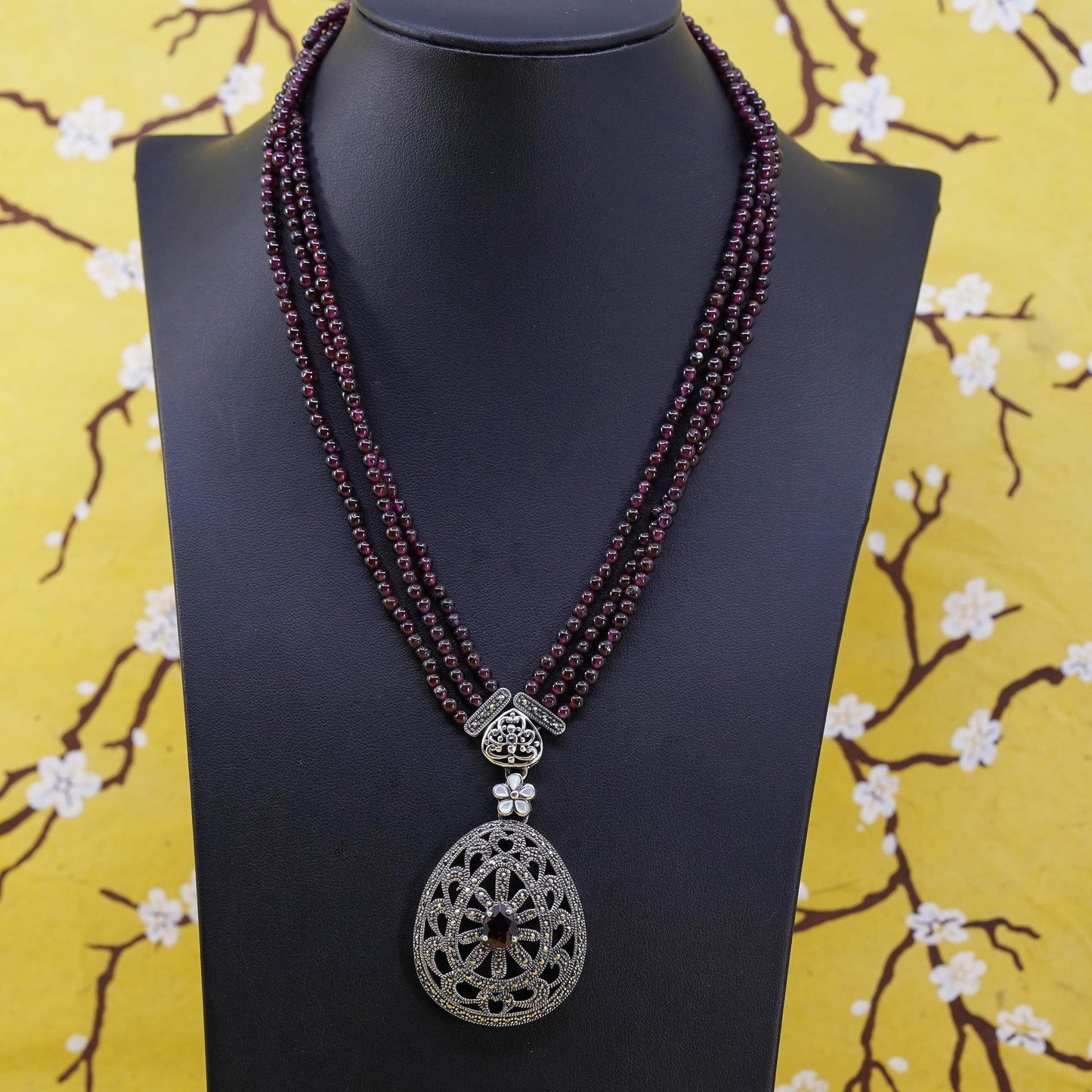 16+2" Sterling 925 silver multi strands necklace marcasite pendant garnet beads