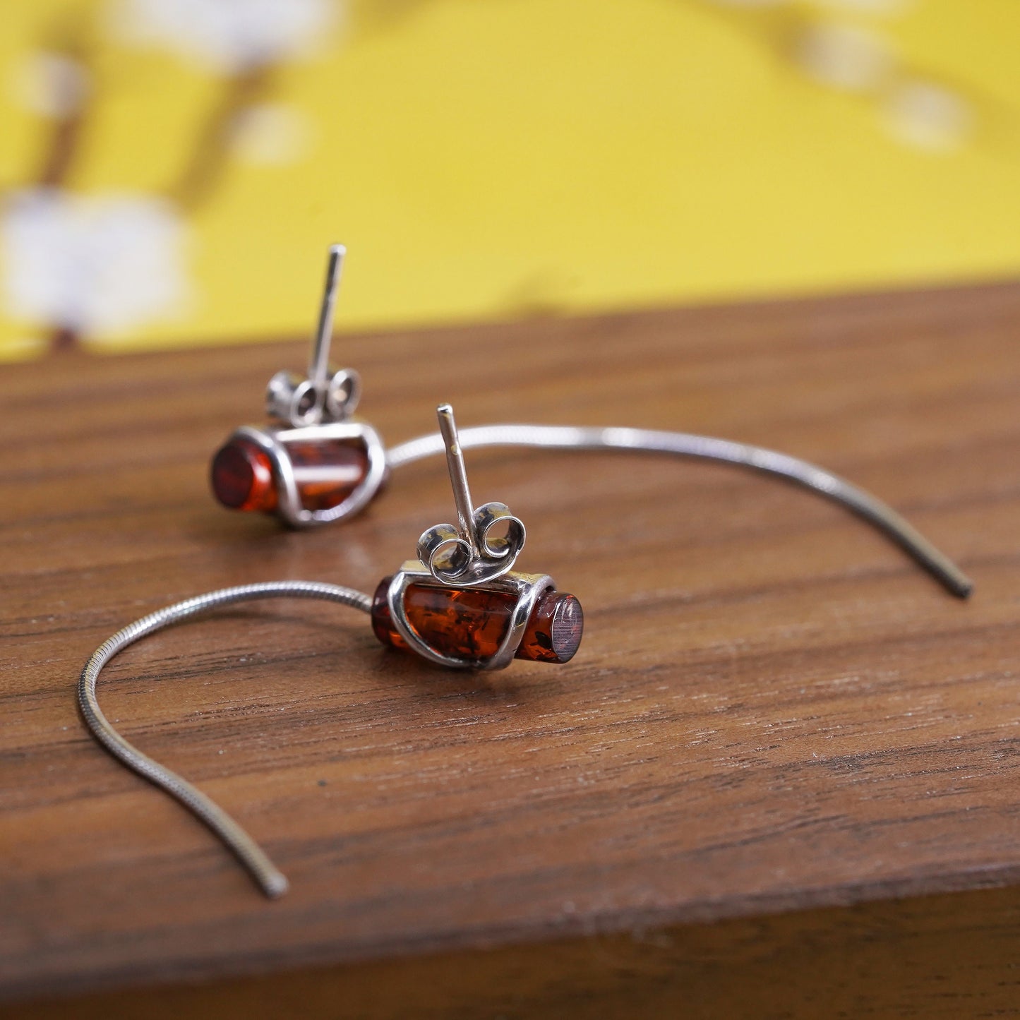 Vintage Sterling 925 silver handmade earrings with Amber and snake chain