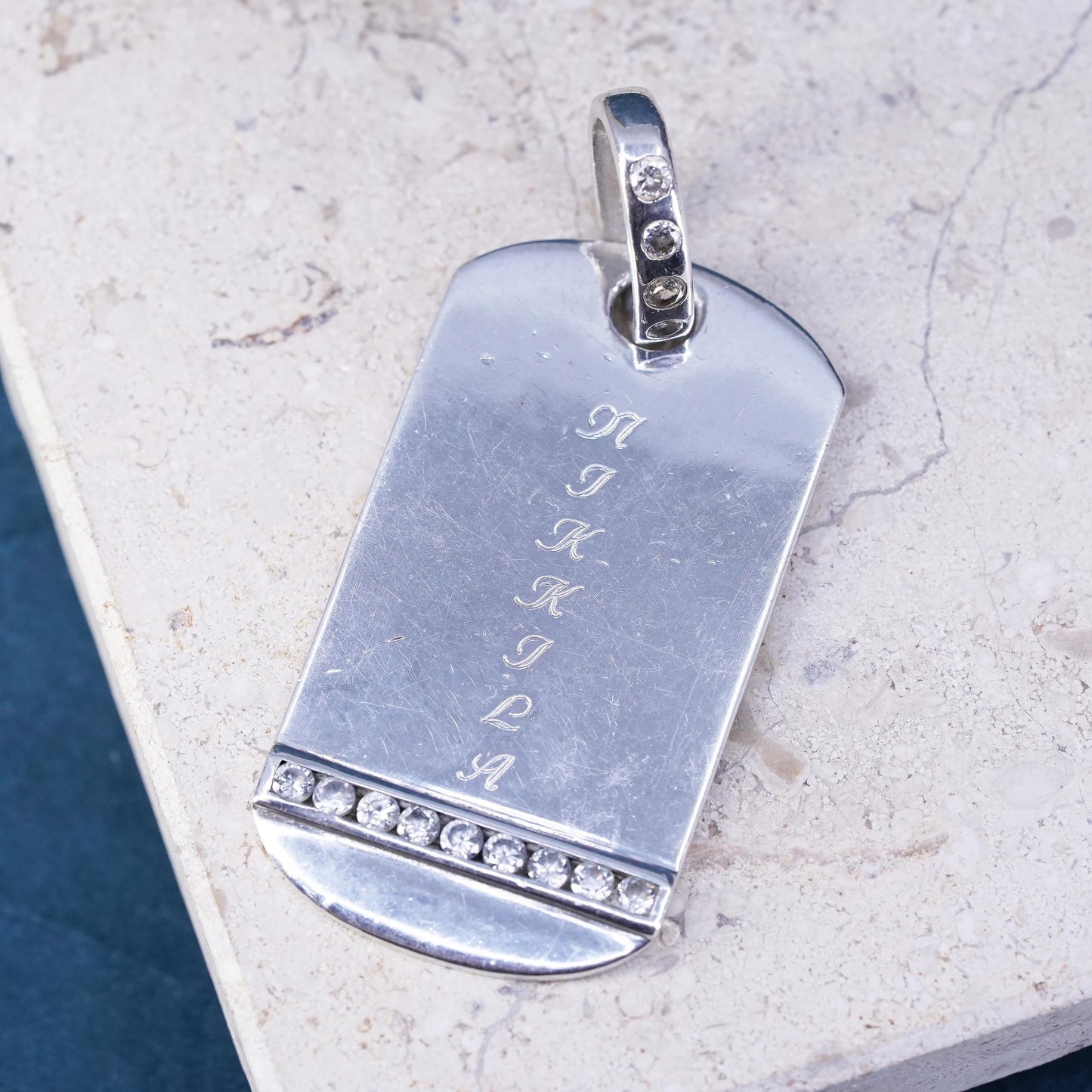 Vintage Sterling silver handmade pendant, 925 tag with Cz engraved “NJKKJLA”