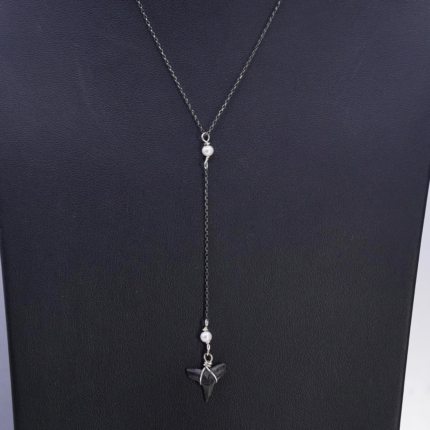 16”, Sterling silver necklace, 925 circle chain fossilized shark teeth pendant