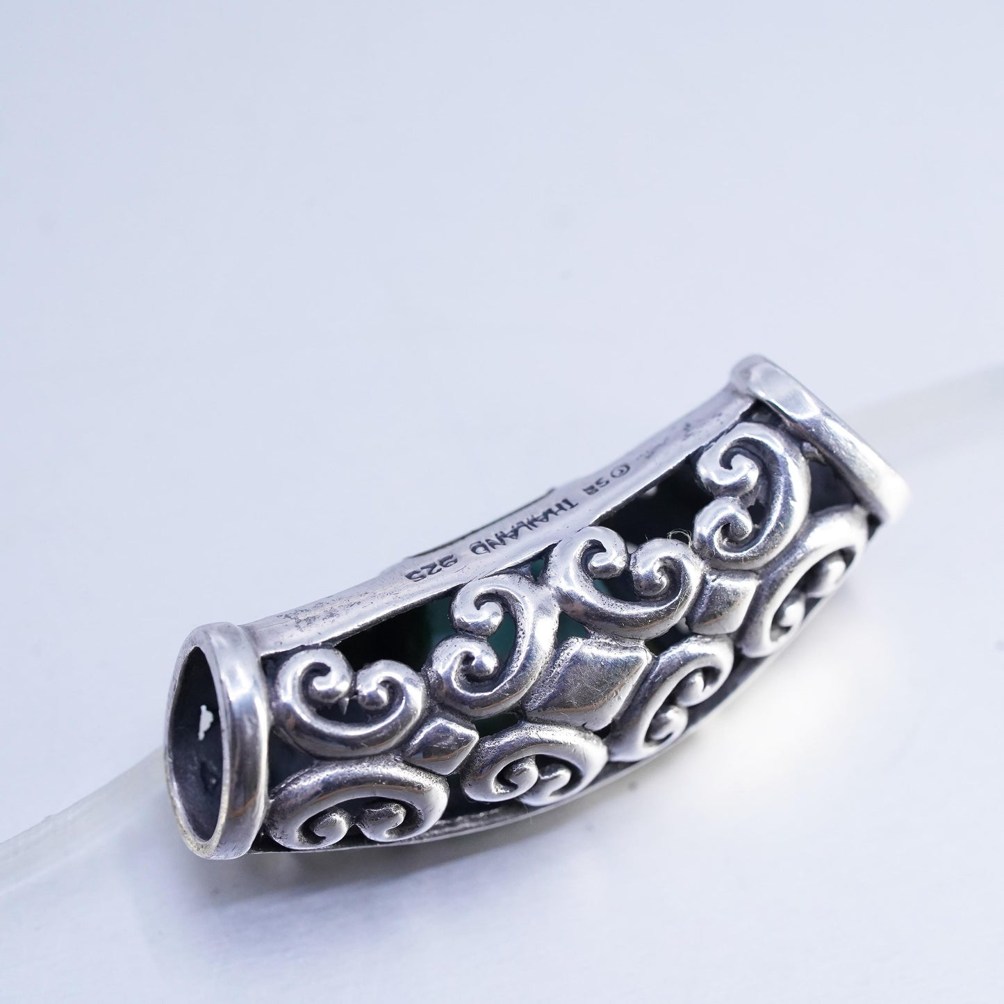 Vintage Thailand sterling 925 silver filigree slide pendant turquoise inlay