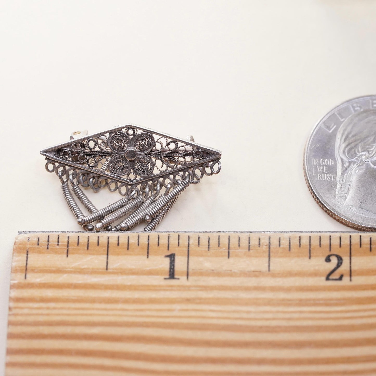 Vintage Sterling silver handmade brooch, 925 filigree pin with fringe