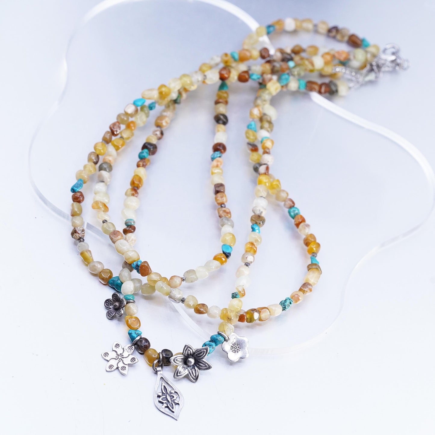 18" Tica Rosa Sterling 925 Silver Multi Strands multi gemstones Necklace flower