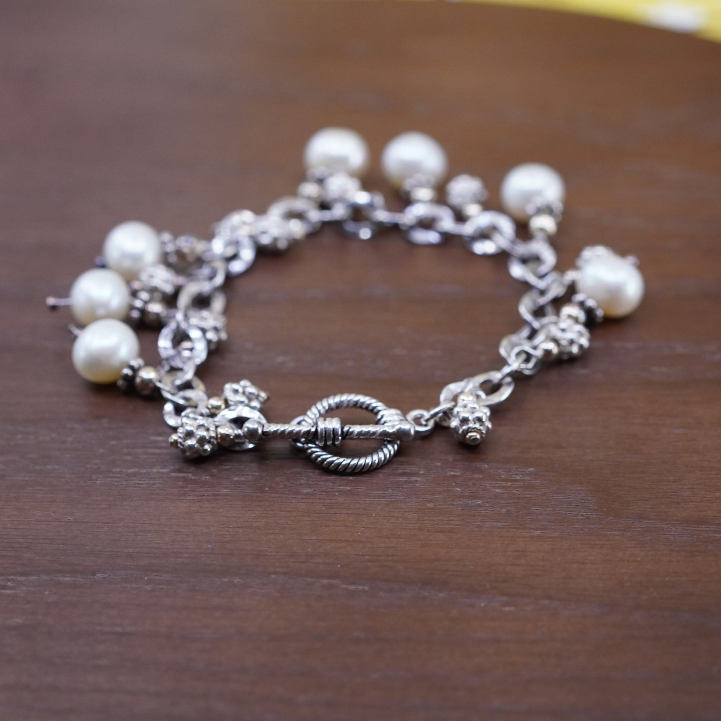 7.25”, Sterling silver bracelet, 925 flatten oval link chain with pearl beads