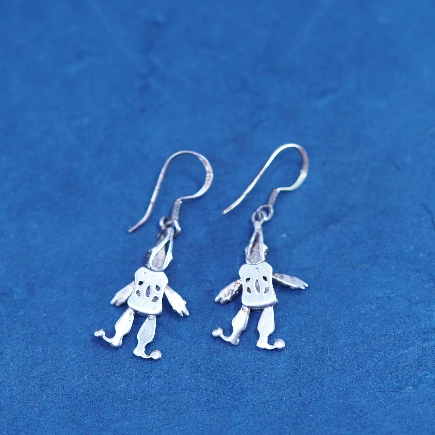 Vintage sterling silver handmade earrings 925 dancing clowns drop movable joint