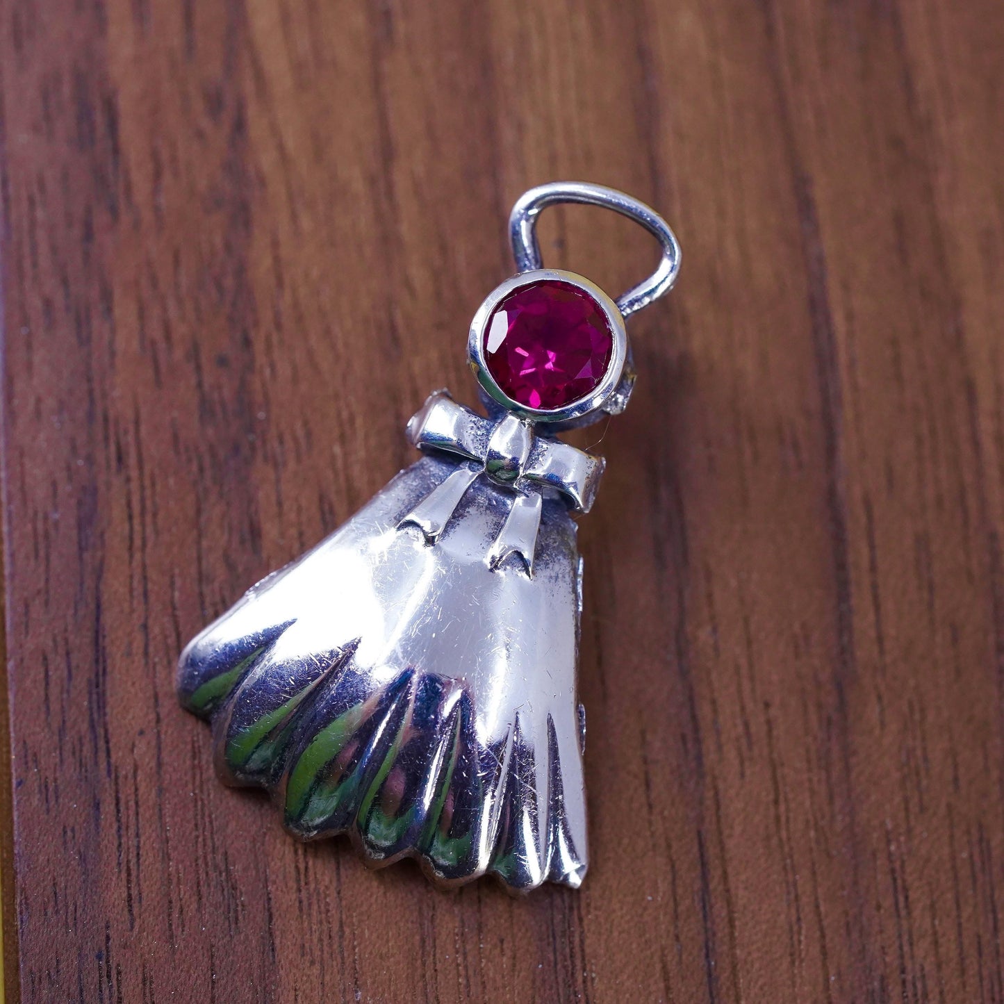Vintage Sterling silver handmade pendant, 925 angel charm with ruby