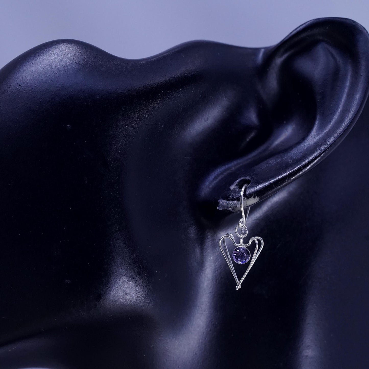 Vintage Sterling silver handmade earrings, 925 heart drops with dancing cz