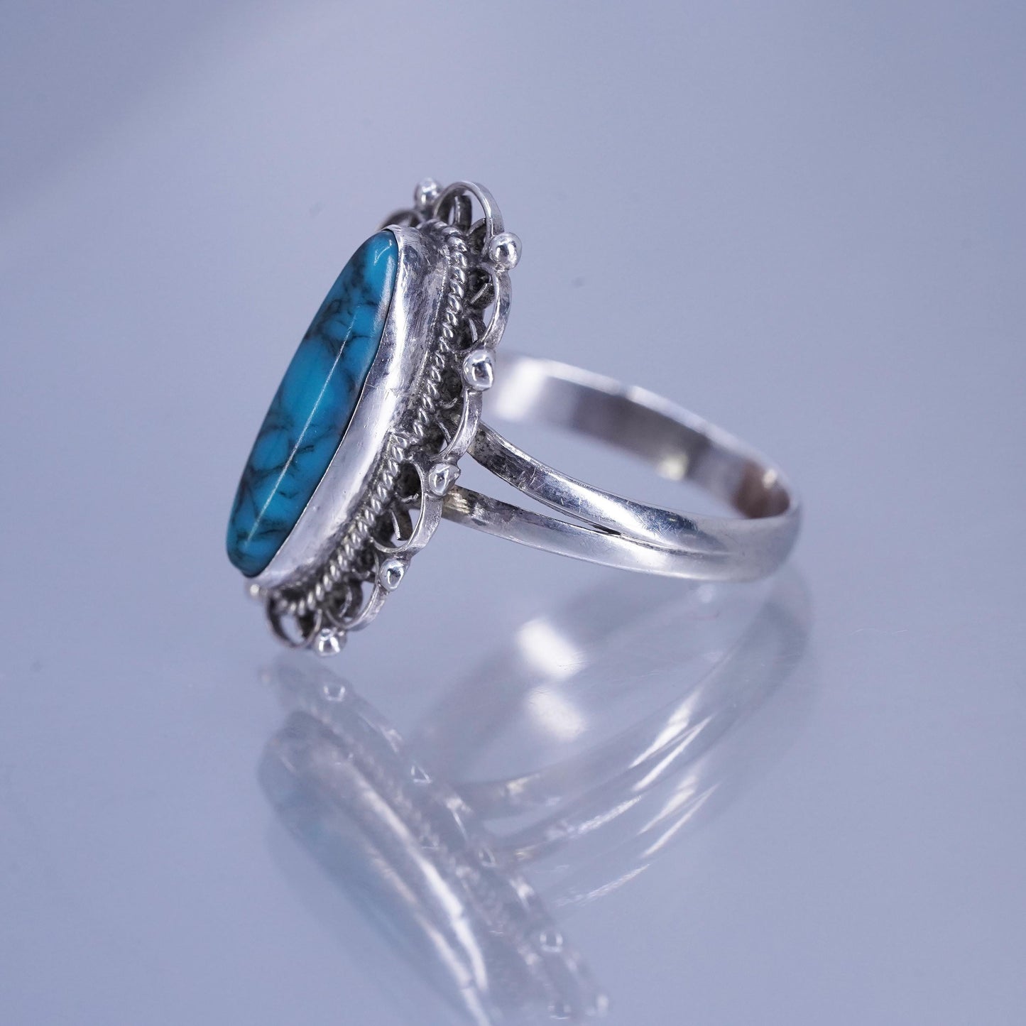 Size 6, Mexico Taxco Sterling 925 silver handmade filigree ring with turquoise